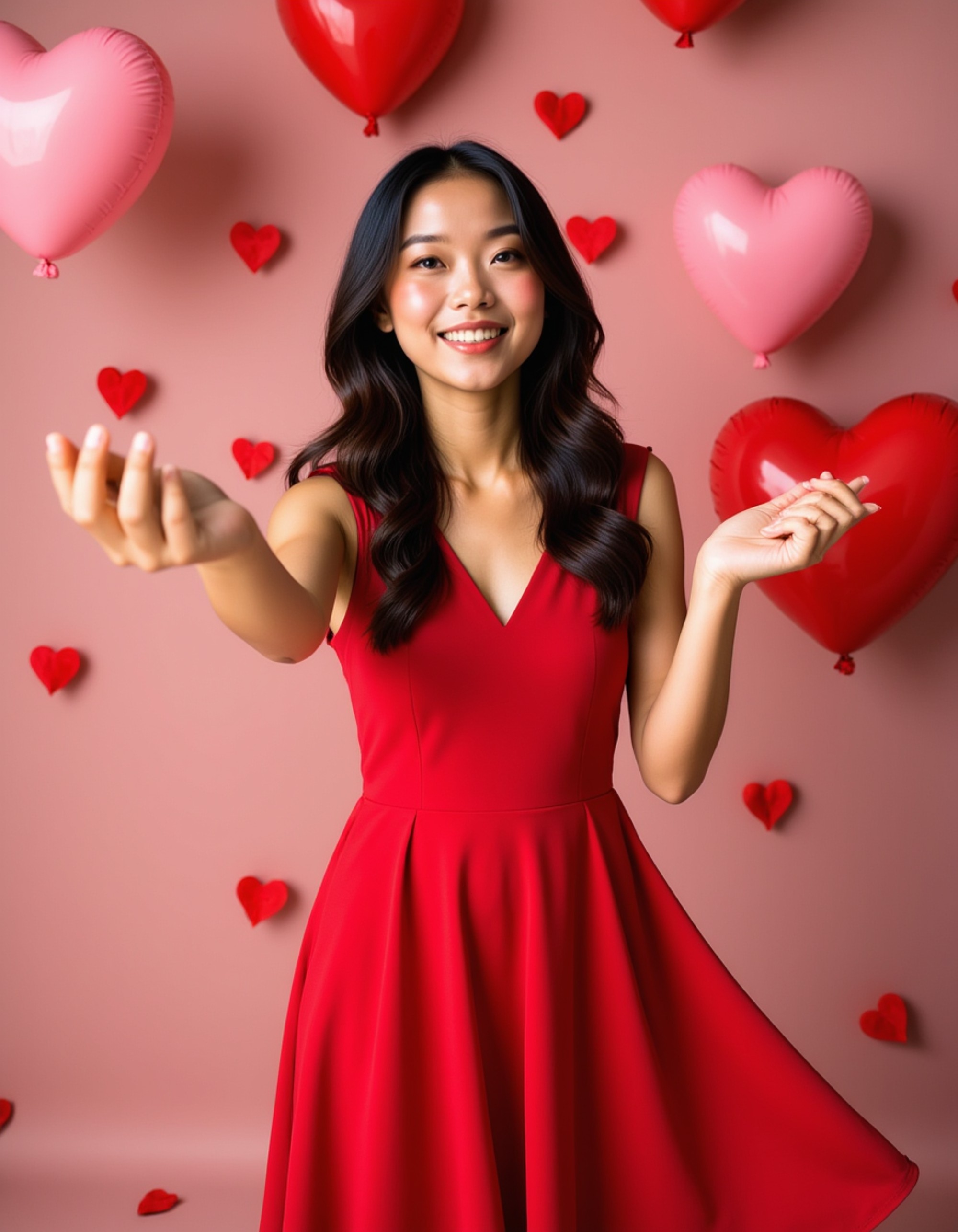 A joyful female model in a flowing red dress, standing in a room filled with heart-shaped balloons and rose petals, laughing as she reaches toward the camera with playful warmth.