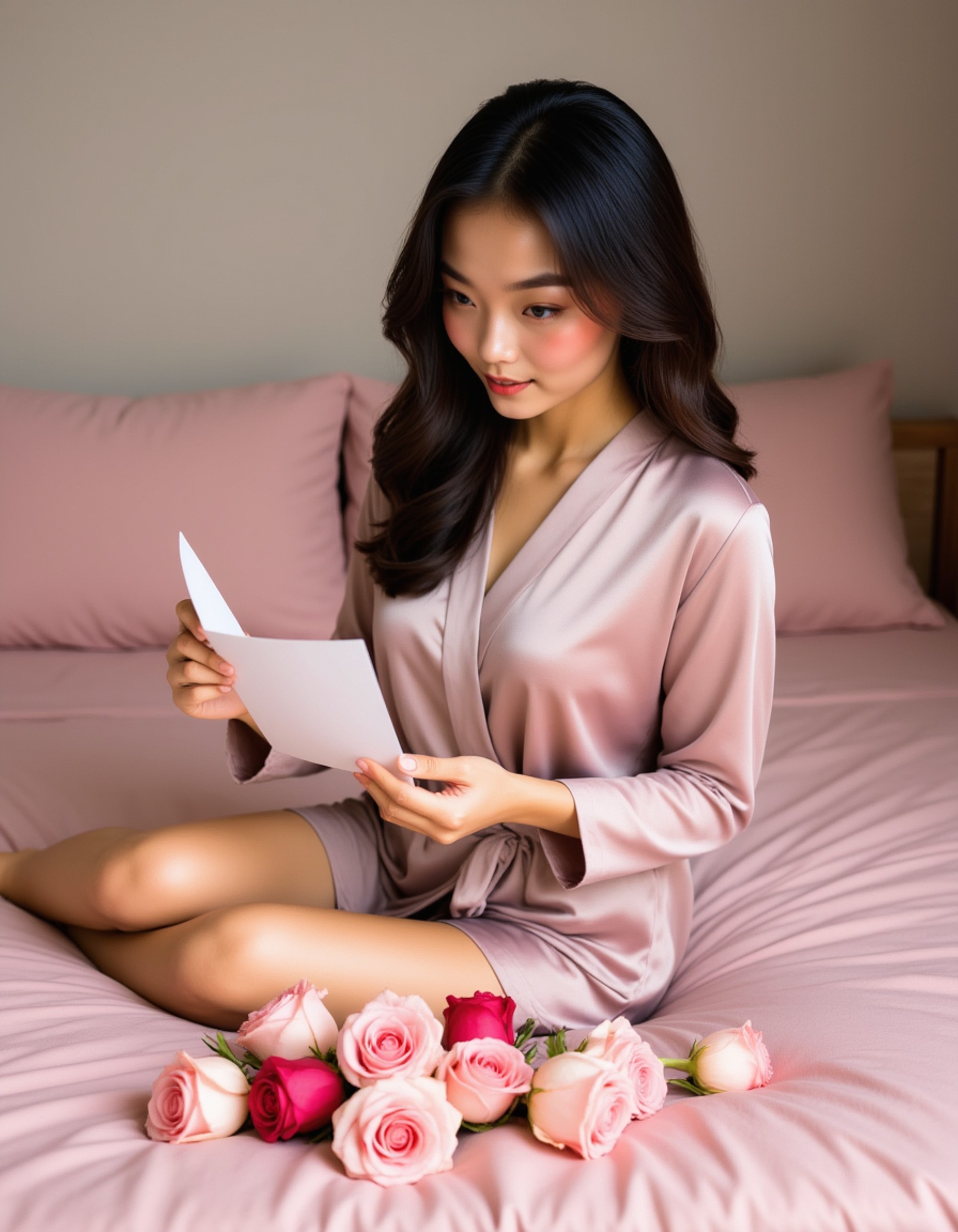 A dreamy woman sitting on a bed covered in soft pink sheets and roses, wearing a delicate silk robe and gazing lovingly at a handwritten Valentine’s card.