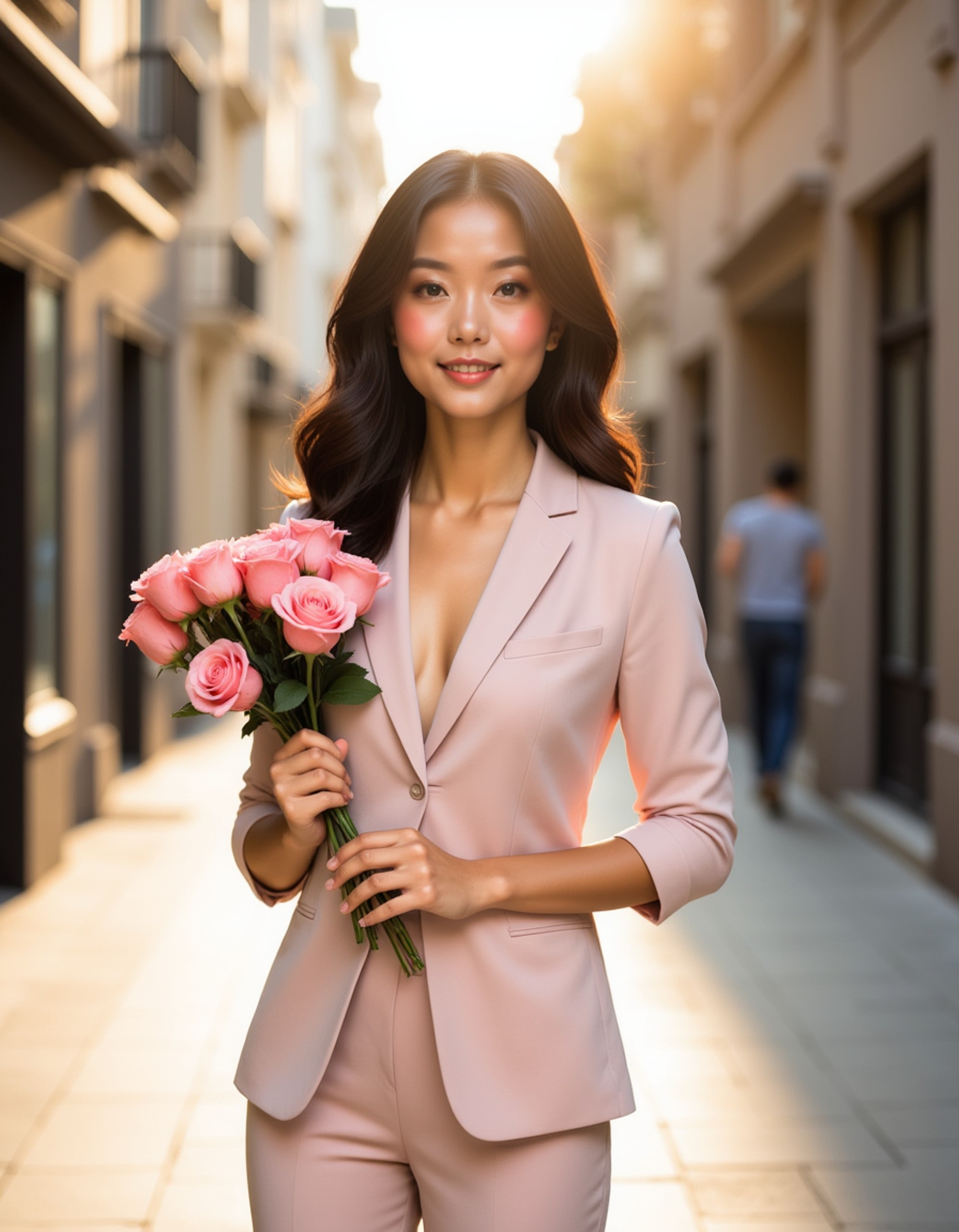 A stylish female model walking down a sunlit street holding a bouquet of roses, her pastel outfit and gentle smile capturing the charm of Valentine’s Day romance.