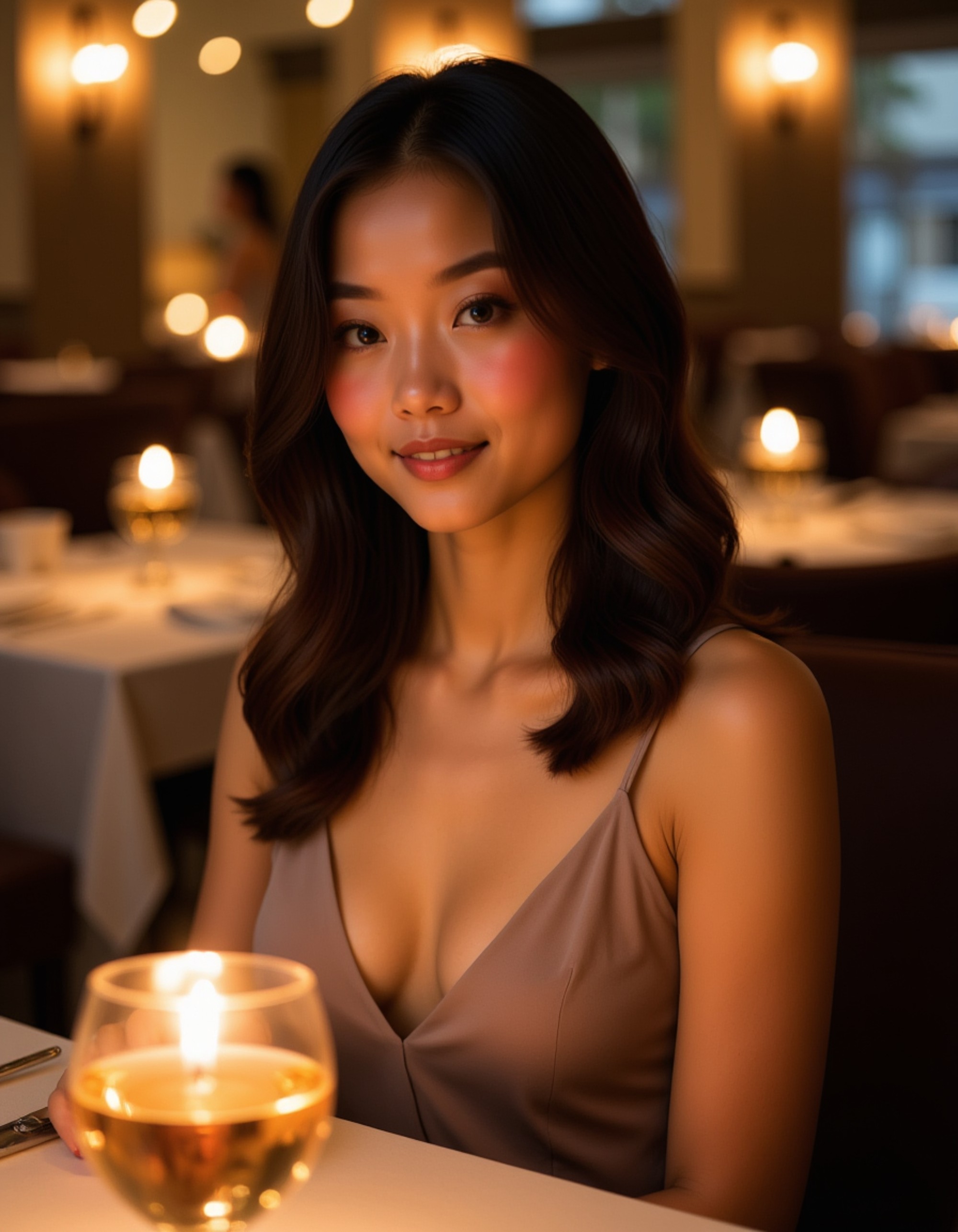 A confident woman sitting at a candlelit restaurant table in an elegant dress, sipping wine and glowing under the warm, golden light of a romantic evening.
