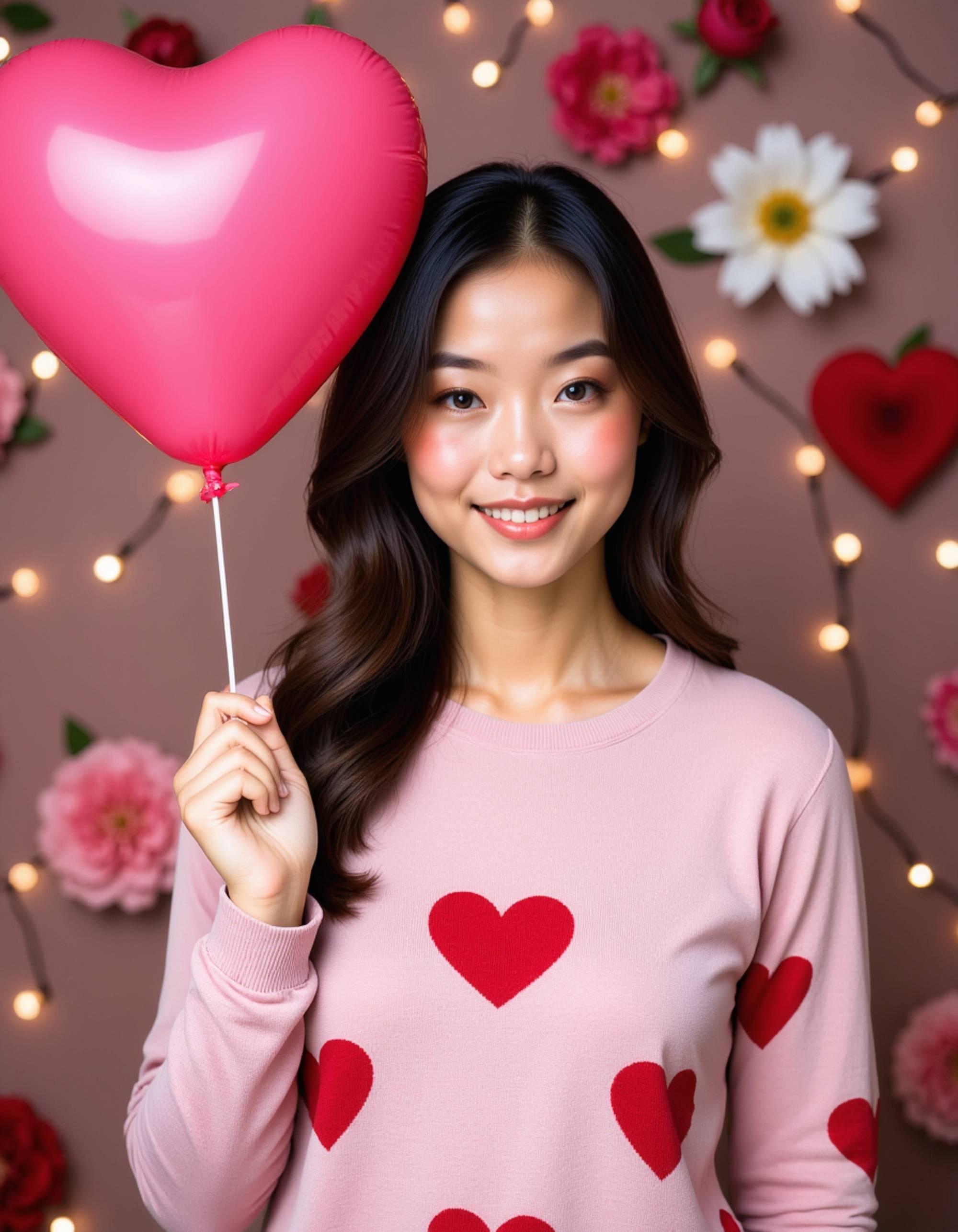 A cheerful female model wearing a cute heart-patterned sweater, holding a pink balloon in front of a festive Valentine’s backdrop filled with fairy lights and flowers.
