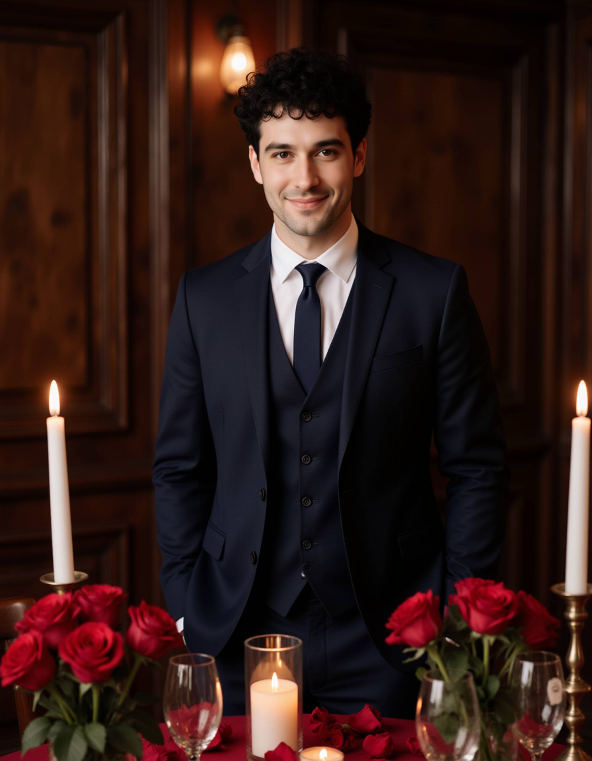 A confident male model in a tailored navy suit, standing beside a candlelit table with red roses and champagne, offering a charming smile in a refined Valentine’s setting.