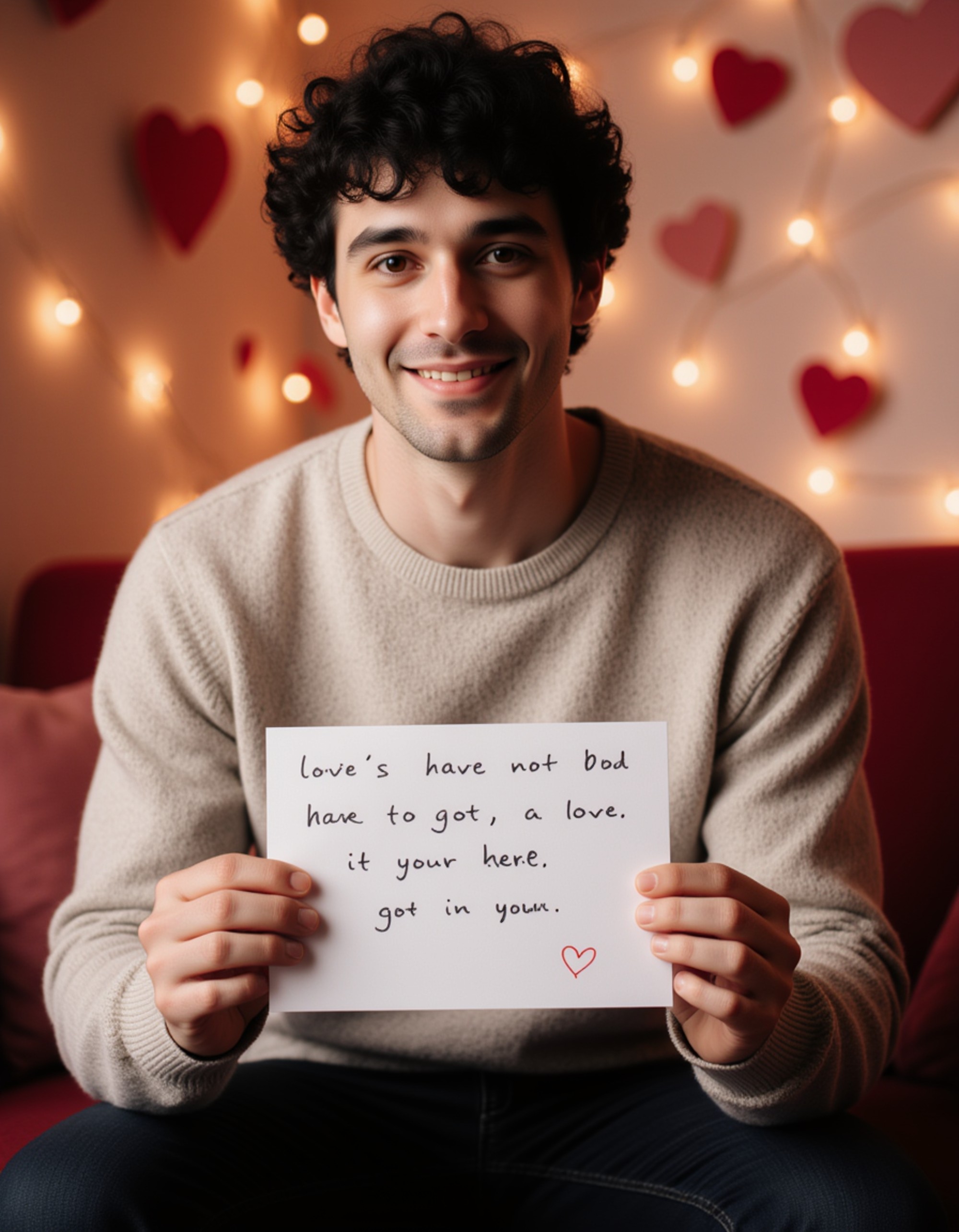 A relaxed man wearing a cozy knit sweater, sitting on a couch surrounded by soft lighting and Valentine’s decorations, holding a handwritten love note with a warm grin.