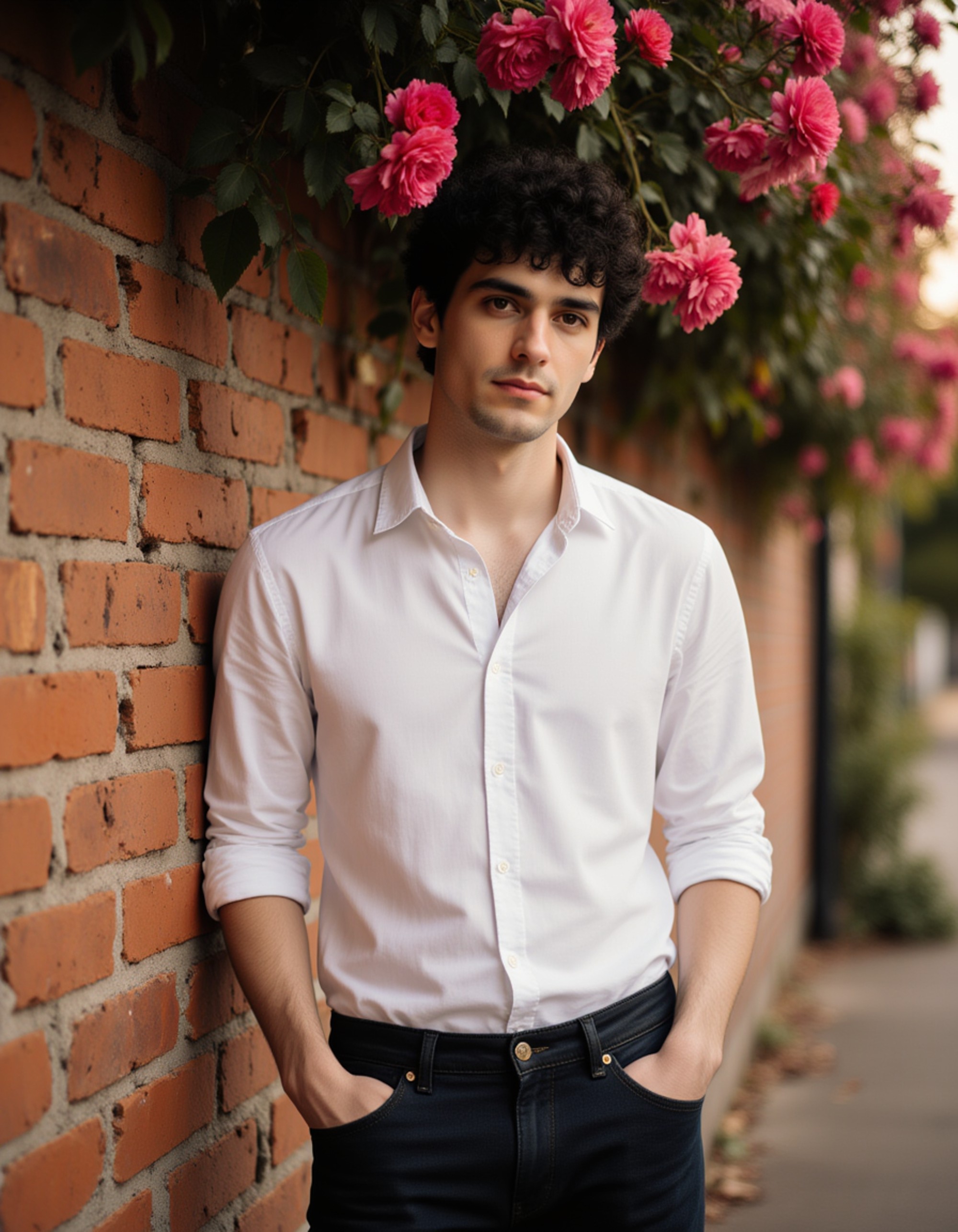 A handsome male model leaning against a brick wall covered in roses, dressed in a white shirt and dark jeans, exuding casual romantic confidence under golden evening light.