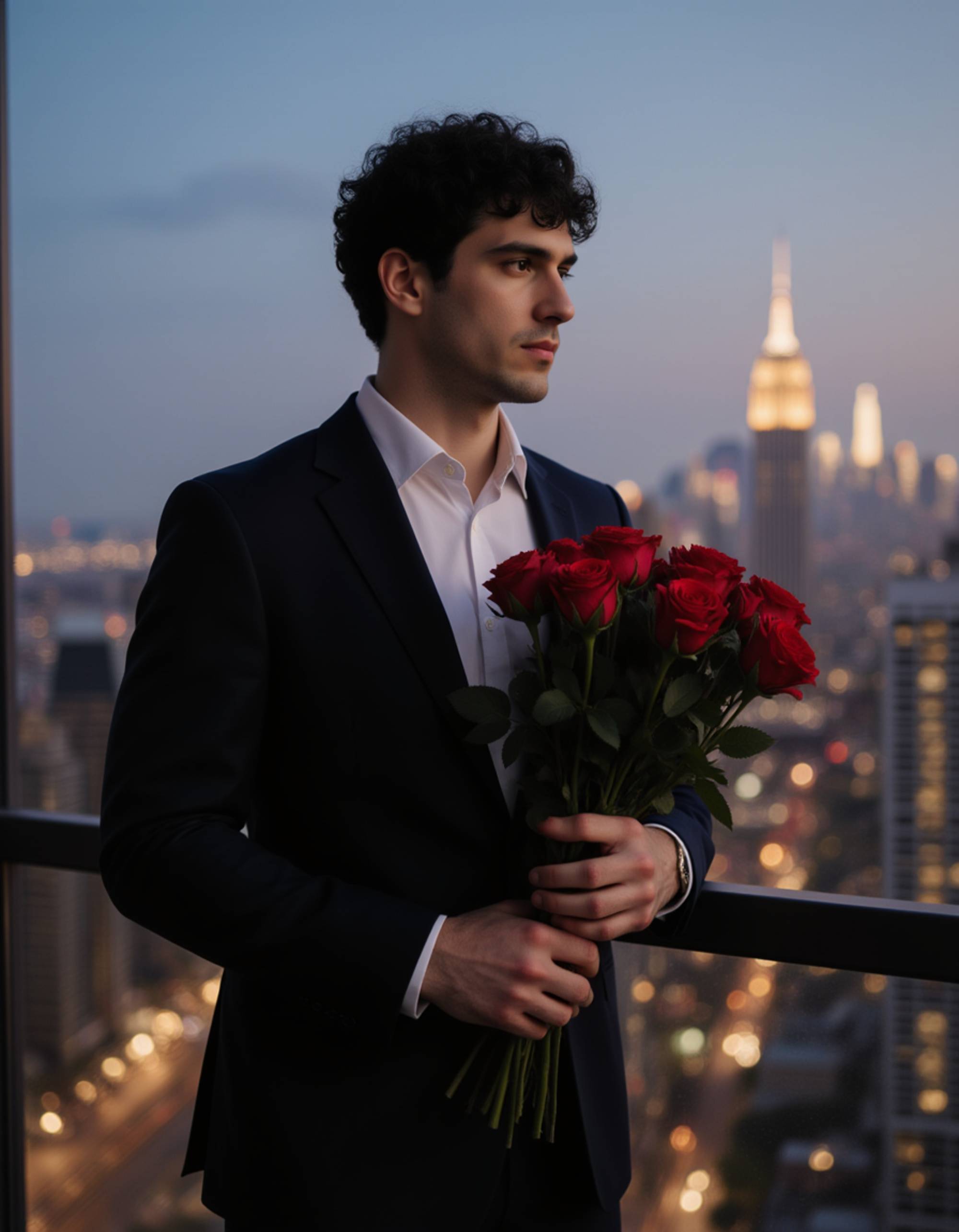 A charismatic man standing on a balcony overlooking a glowing city skyline, holding a bouquet of roses with a thoughtful, affectionate expression.