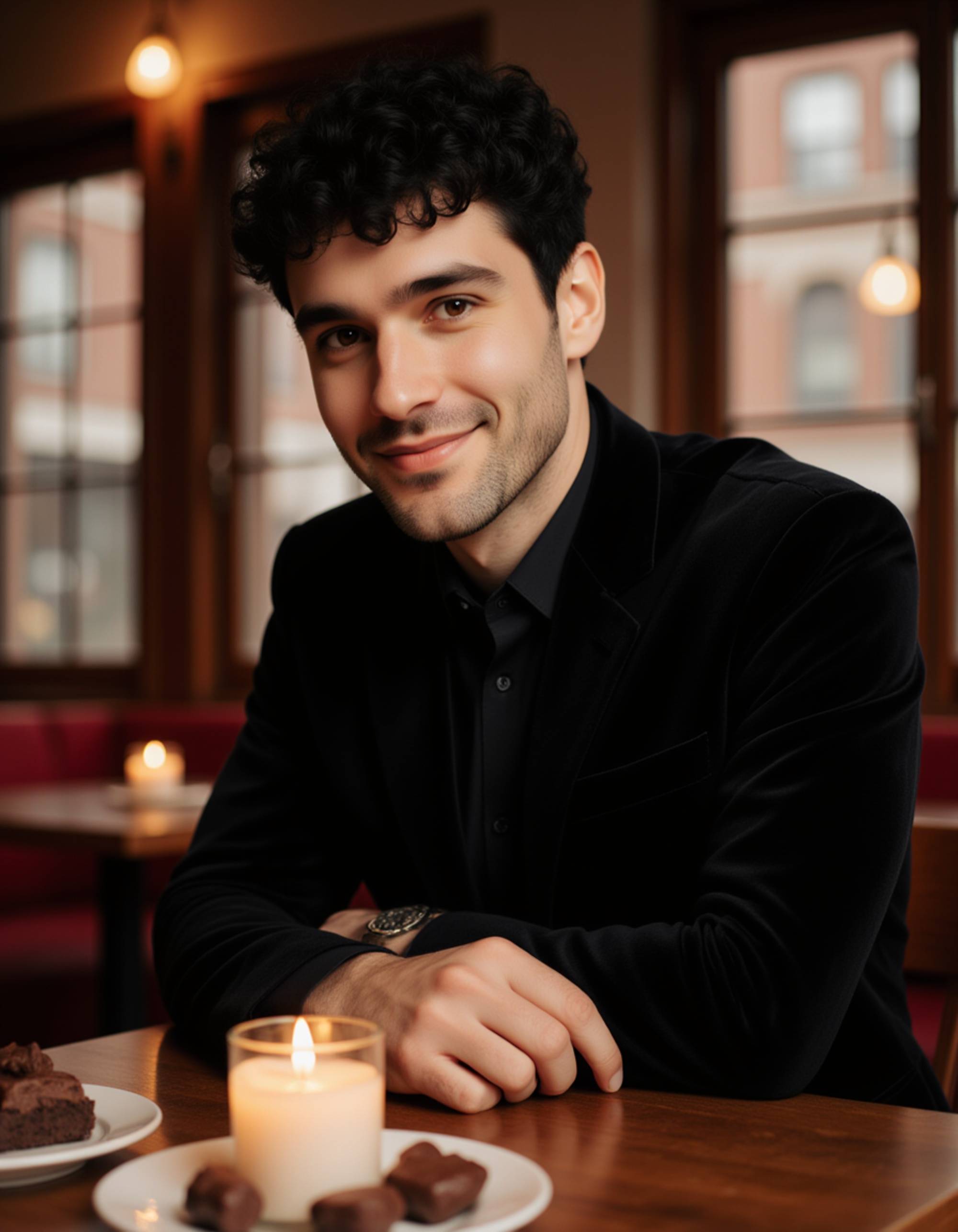 A stylish male model in a dark velvet jacket, sitting at a chic café table with candles and chocolate desserts, smiling softly in the warm Valentine’s ambiance.