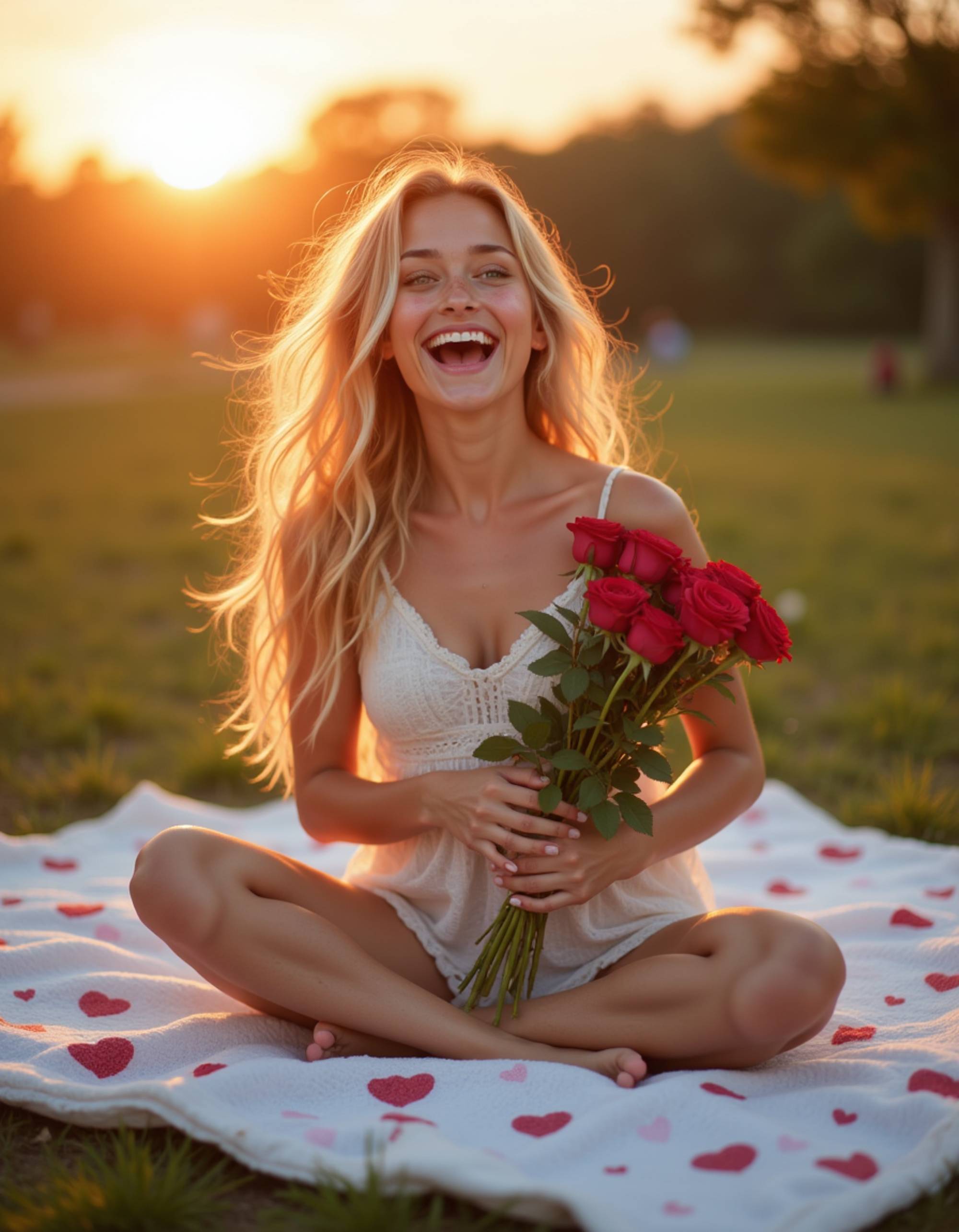 A playful female model sitting on a picnic blanket decorated with hearts and flowers, laughing while holding a bouquet of roses under warm sunset light.