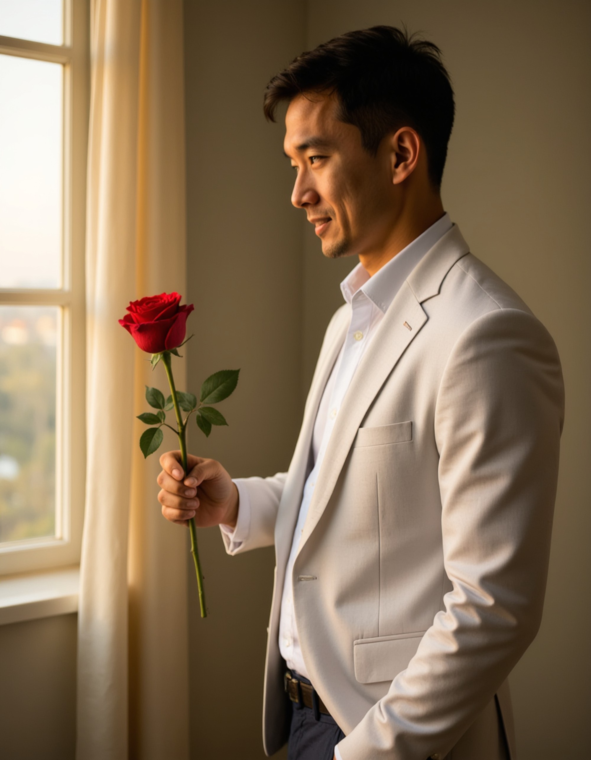 A charming male model dressed in a crisp white shirt and blazer, holding a single red rose while standing near a softly lit window with a romantic Valentine’s glow.