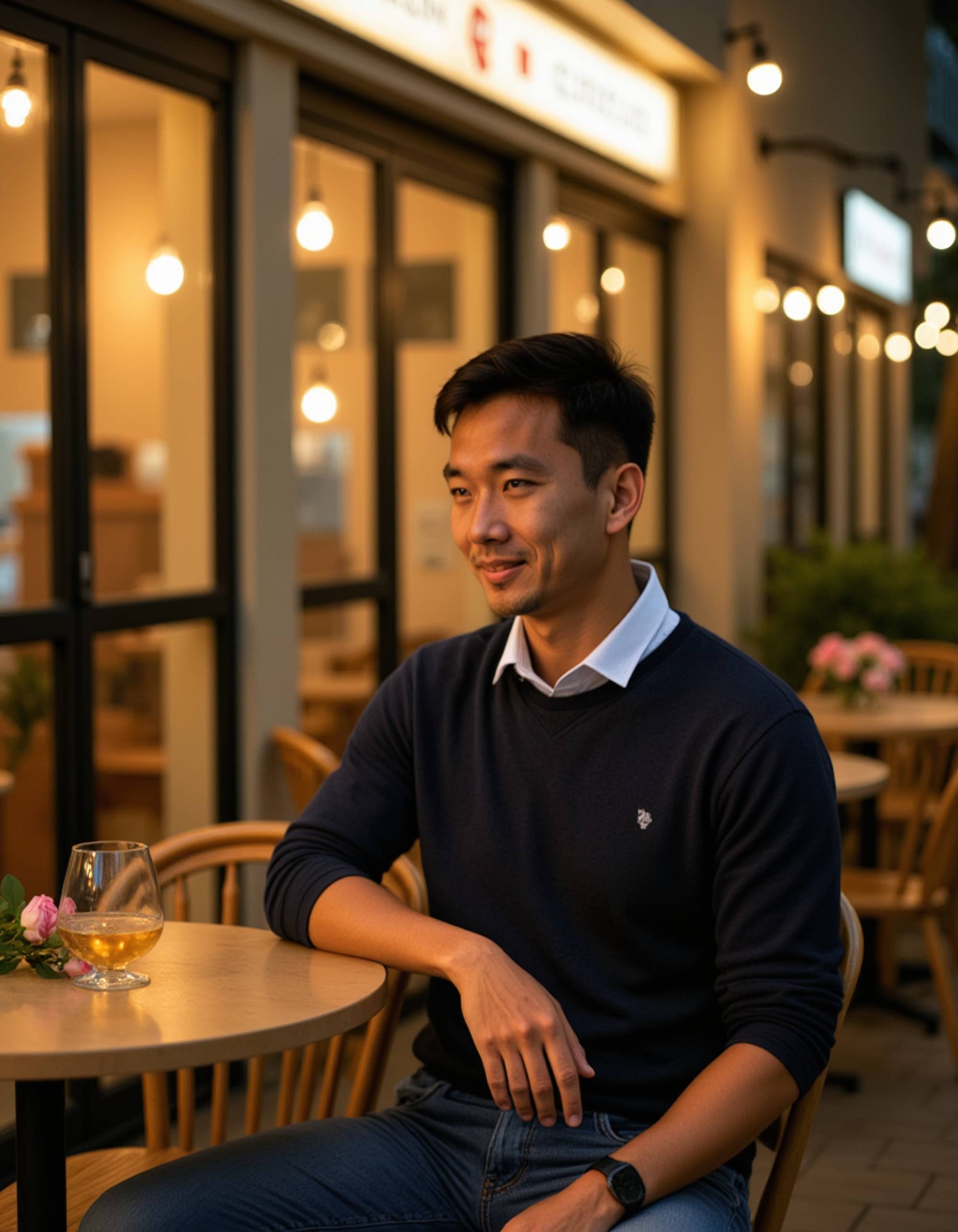A relaxed man wearing a casual sweater and jeans, sitting at an outdoor café surrounded by roses and fairy lights, smiling warmly as dusk settles in.