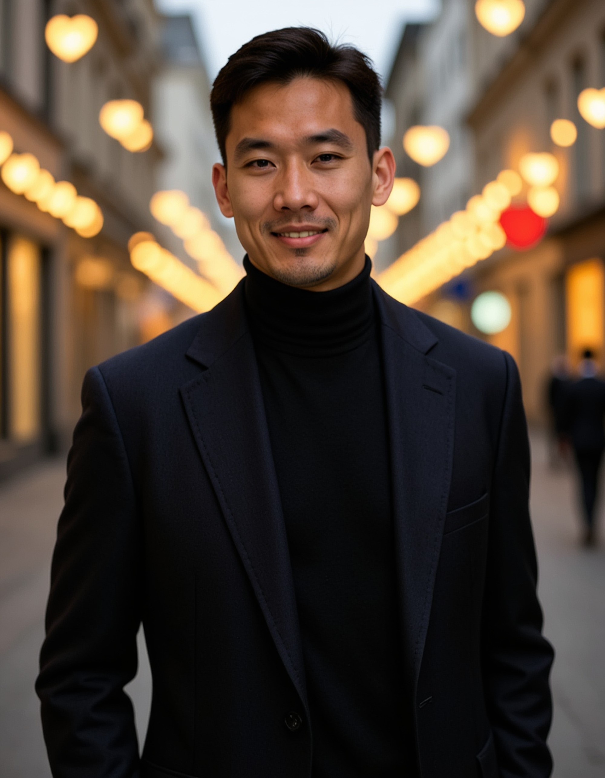 A confident male model in a black turtleneck and tailored coat, walking through a city street lined with heart-shaped lights, exuding calm romantic energy.
