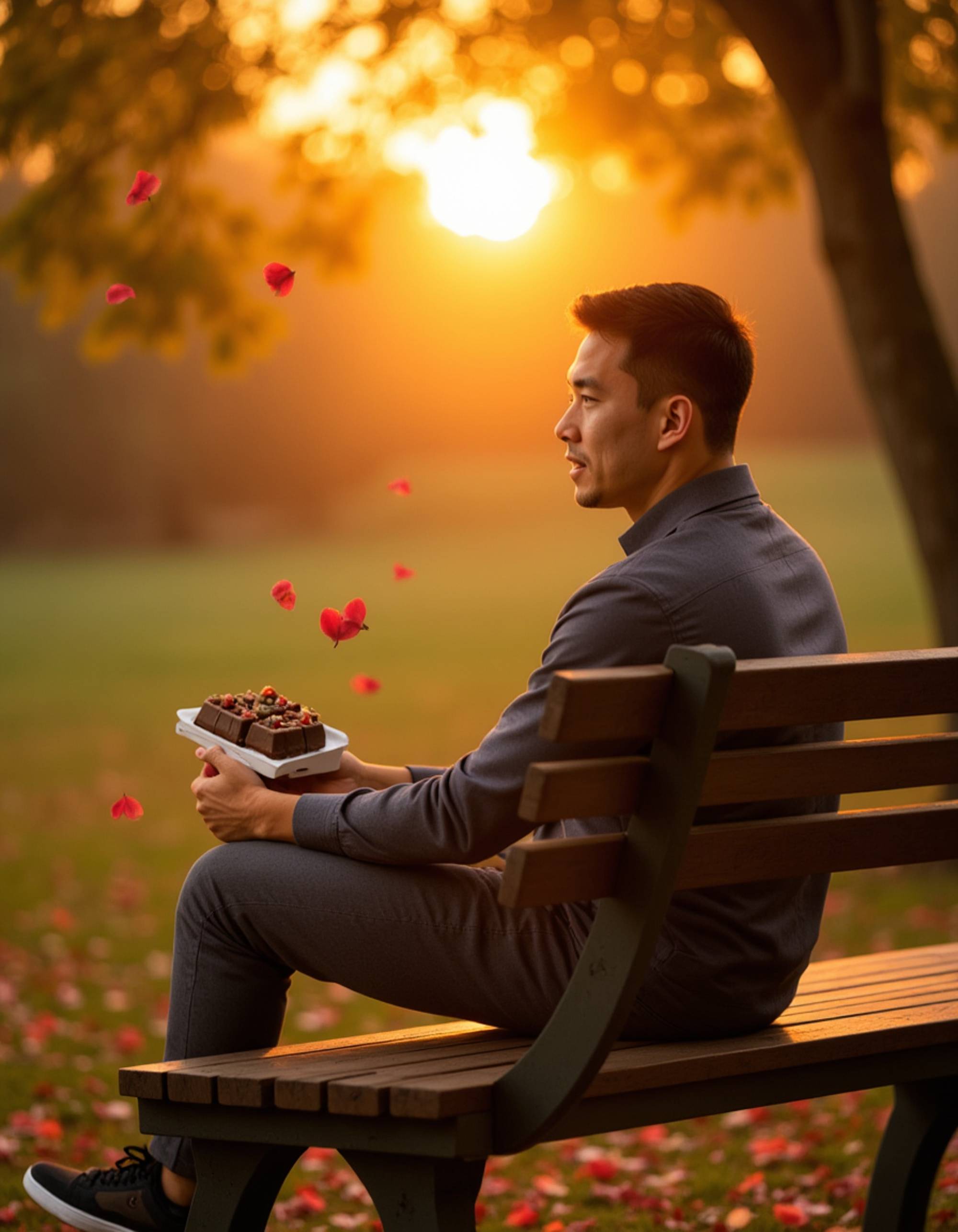 A thoughtful man sitting on a park bench with a box of chocolates beside him, the golden sunset and falling petals creating a tender Valentine’s mood.