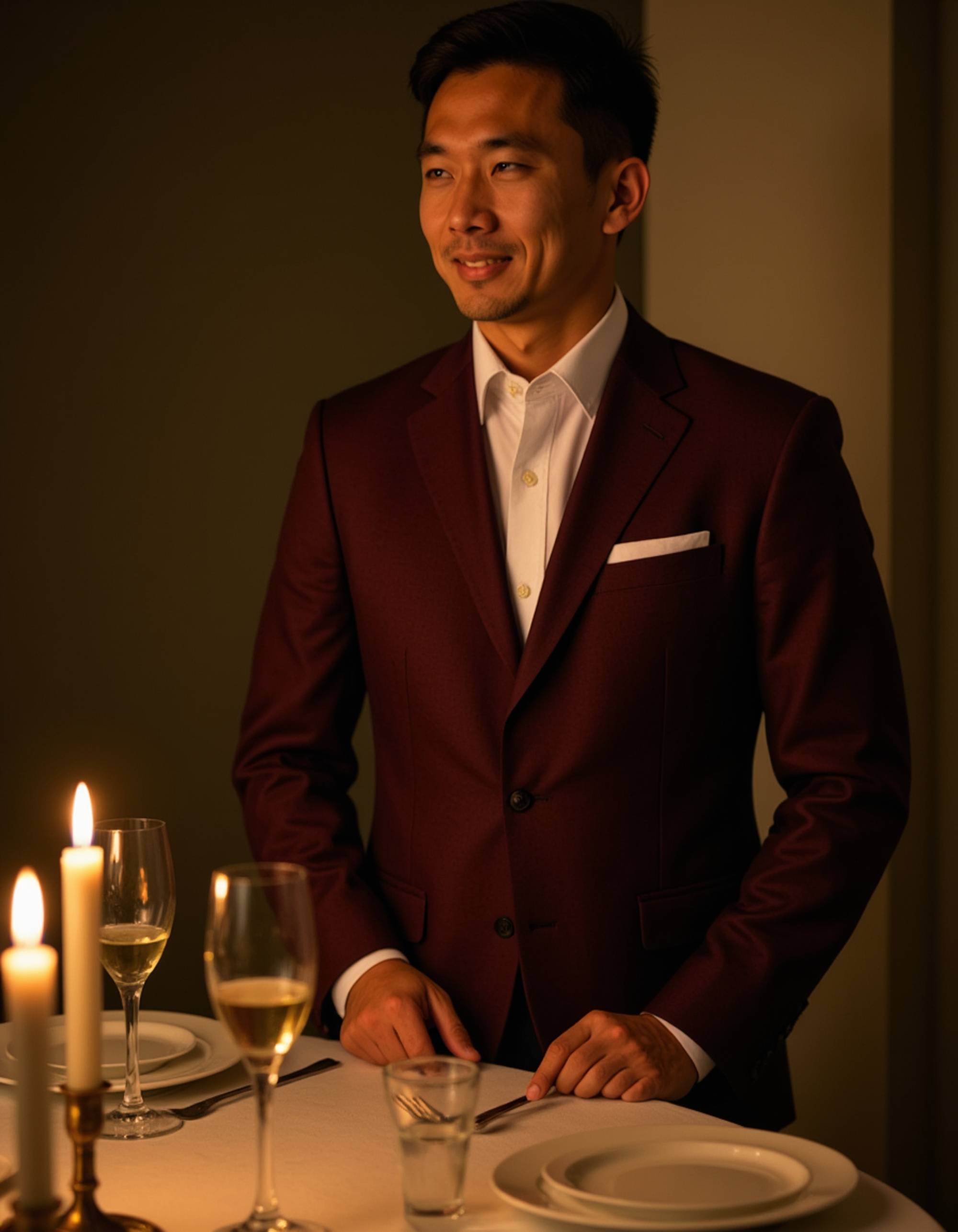 A suave male model in a burgundy suit, standing beside a candlelit dinner table with champagne glasses, looking into the camera with a soft, romantic expression.