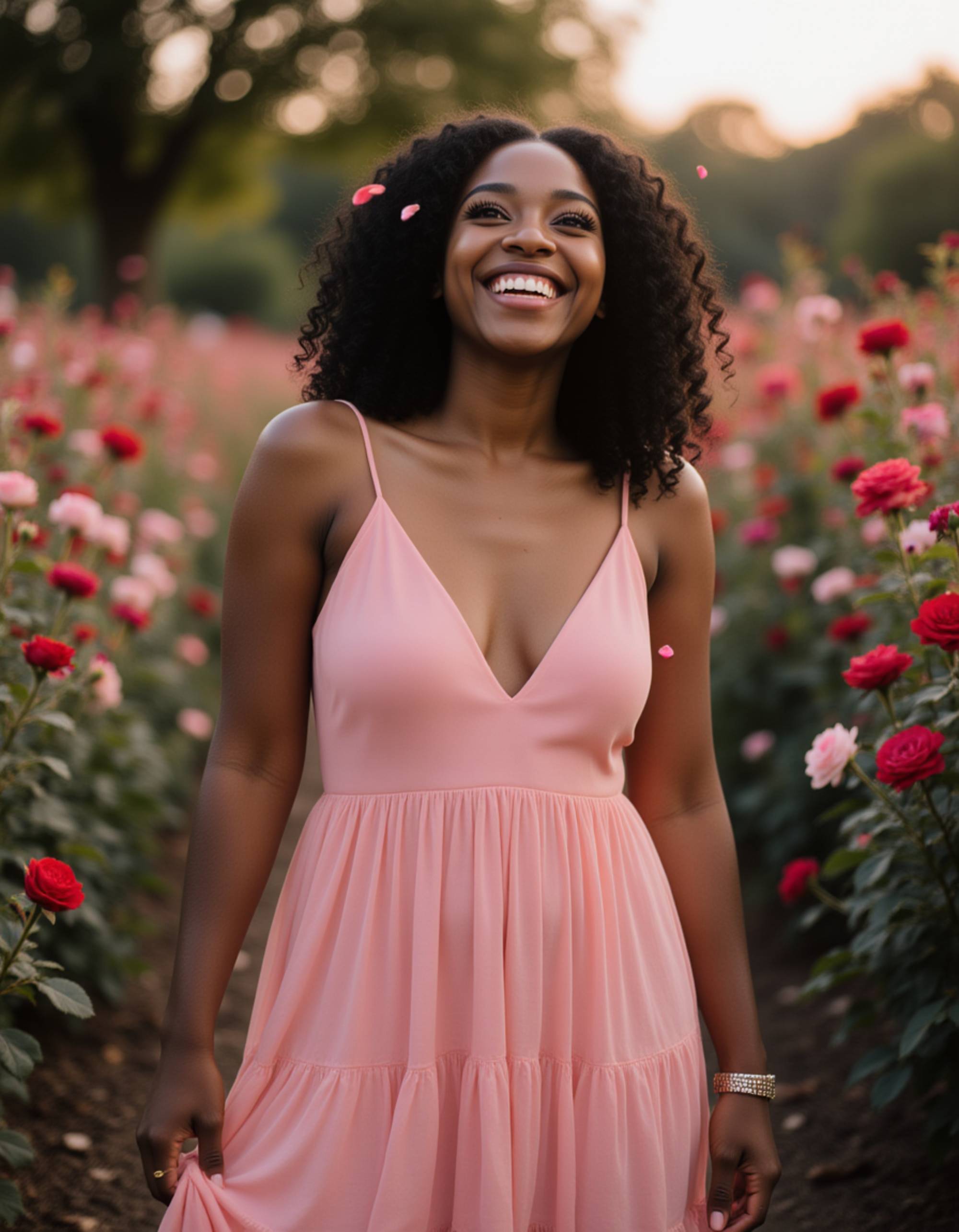 A joyful woman in a flowing blush-pink dress, standing in a garden filled with roses and fairy lights, laughing as petals swirl around her in the soft evening breeze.
