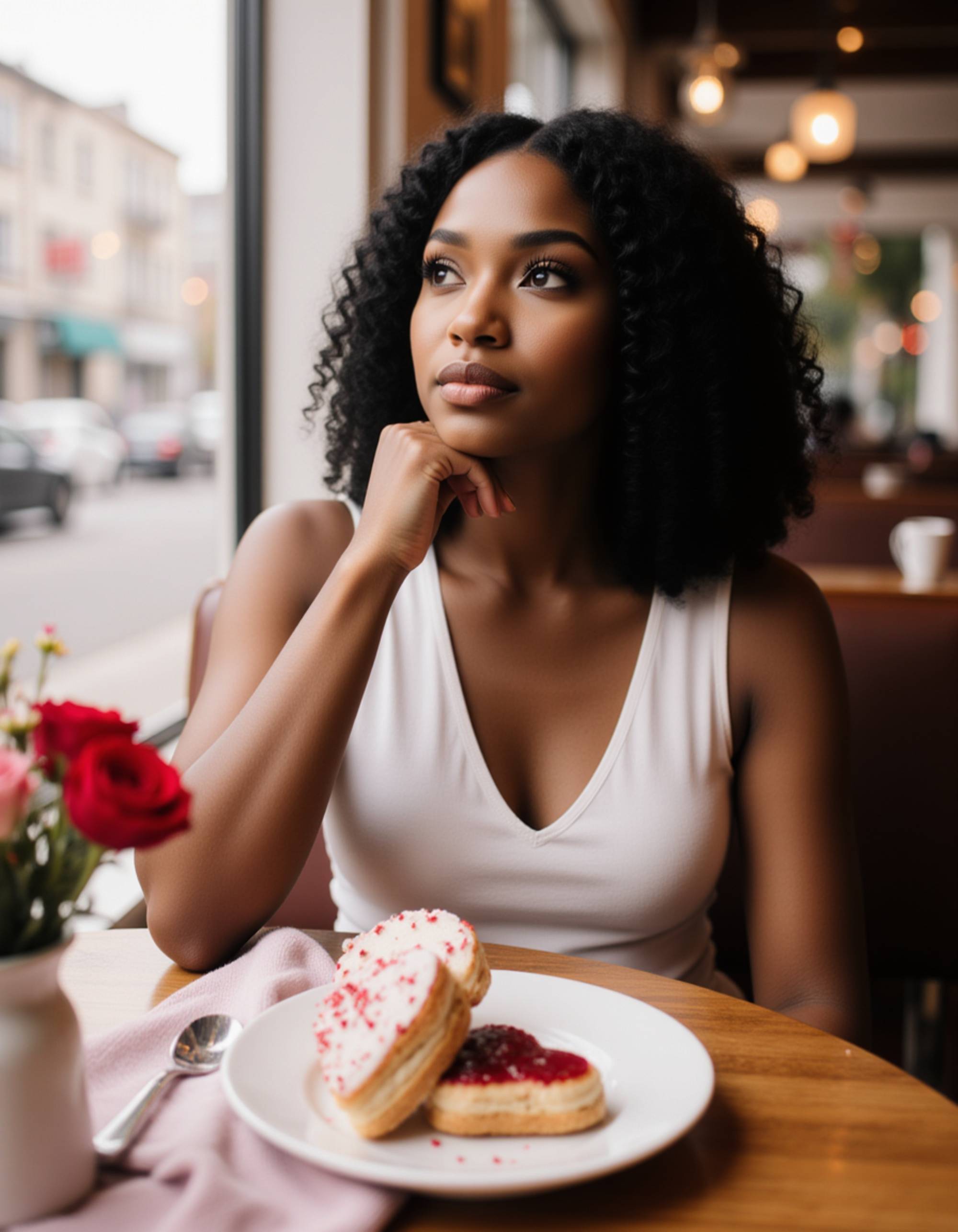 A stylish female model sitting at a café table decorated with heart-shaped pastries and flowers, gazing out the window with a dreamy, romantic expression.