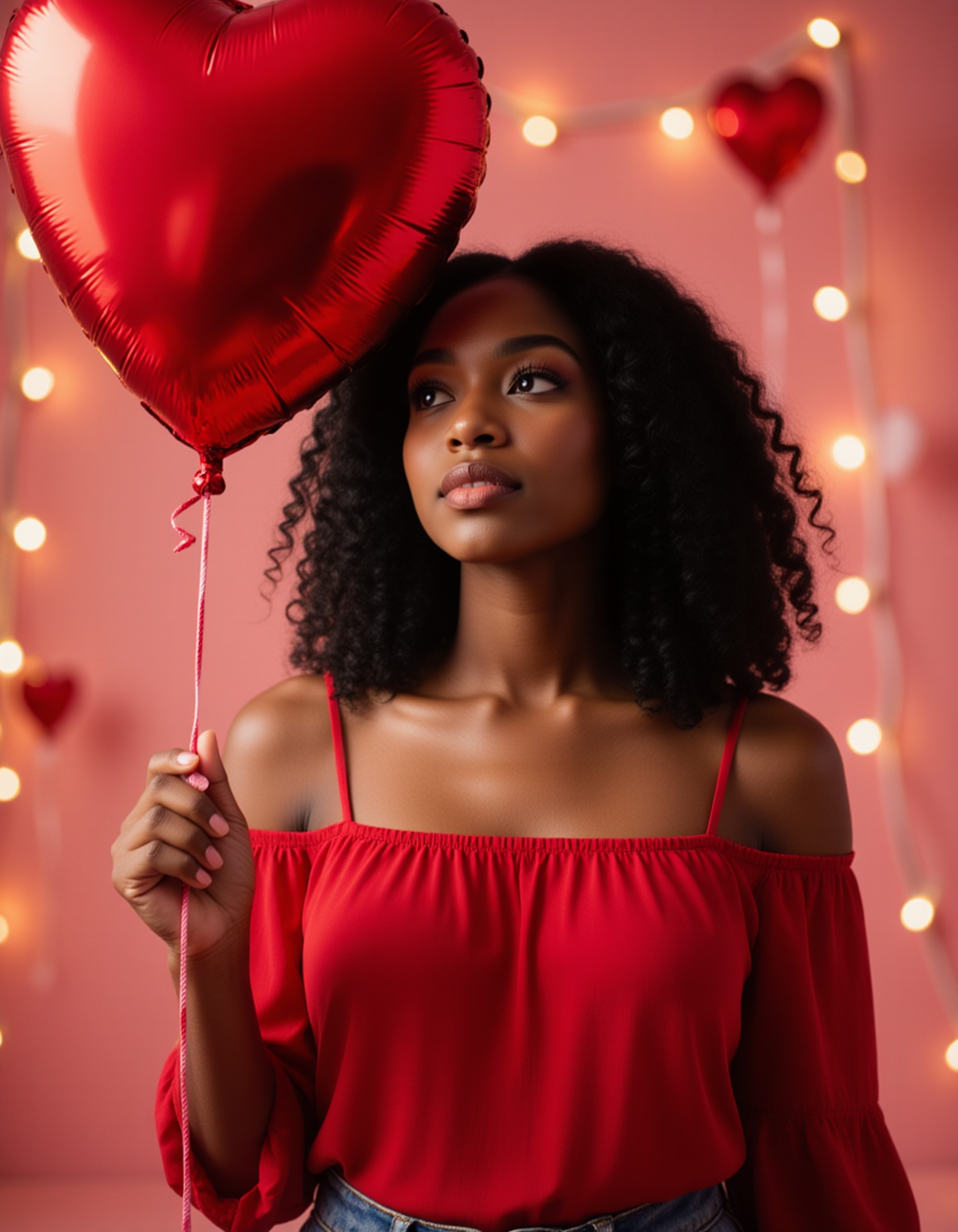 A playful woman wearing a red off-shoulder top and holding a heart-shaped balloon, surrounded by twinkling Valentine’s decorations and a warm, festive glow.