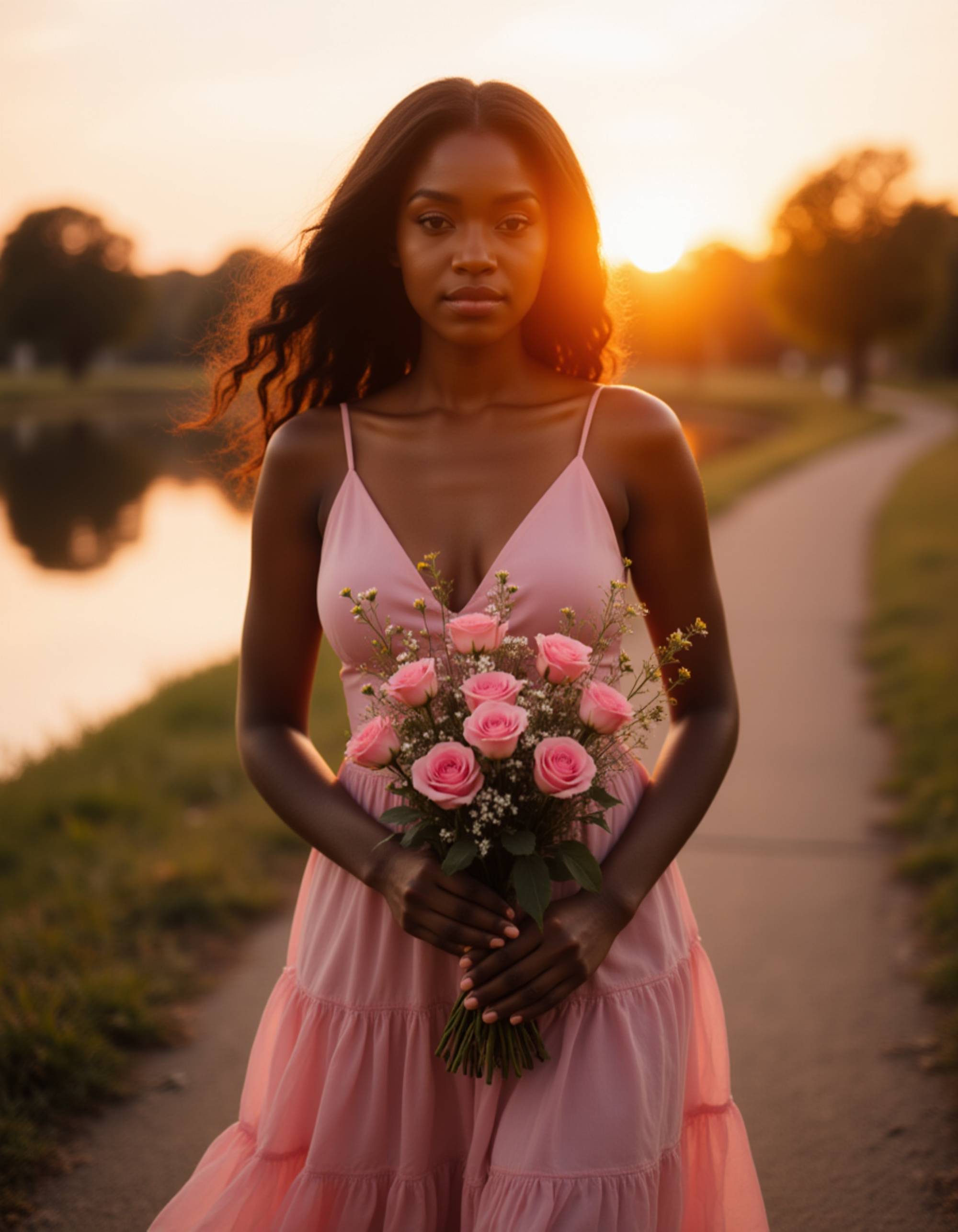 A graceful woman walking along a riverside path at sunset, holding a bouquet of pink roses, her hair flowing gently in the golden Valentine light.