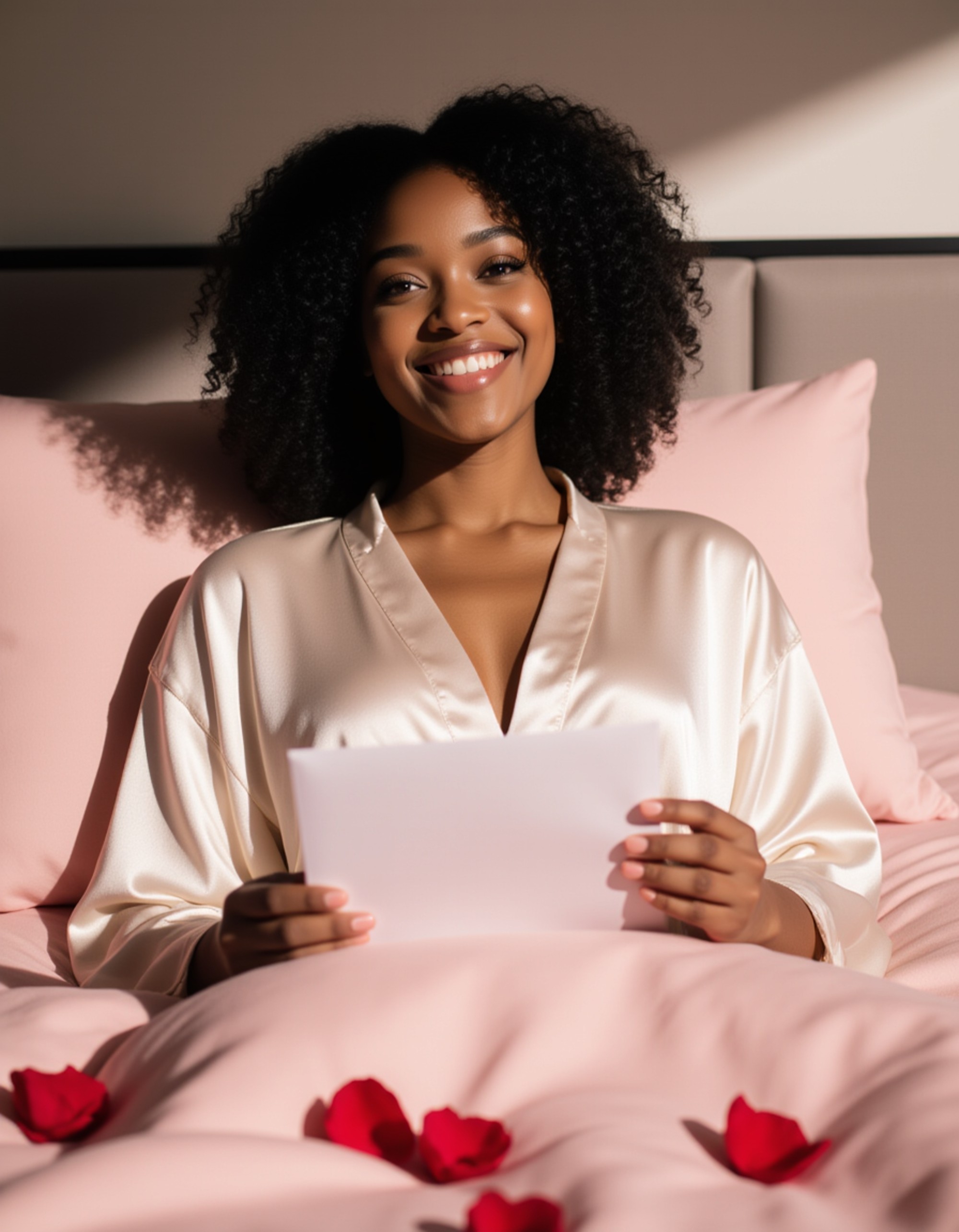 A radiant female model lounging on a bed with rose petals and soft pink sheets, wearing a delicate silk robe and smiling sweetly while reading a love letter.