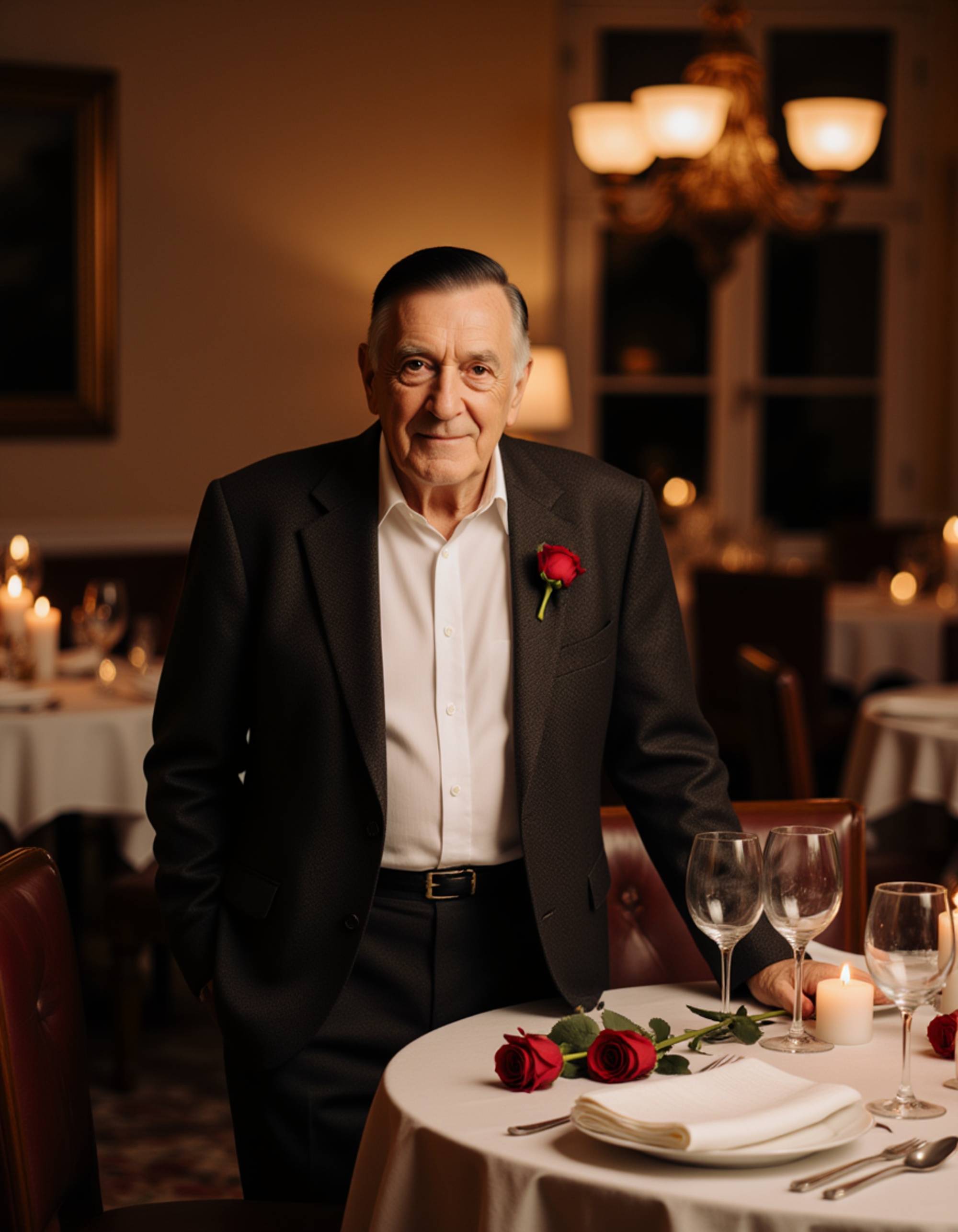 A confident man in a charcoal suit standing beside a table with roses and candles, smiling softly as warm Valentine’s light reflects off the glassware.