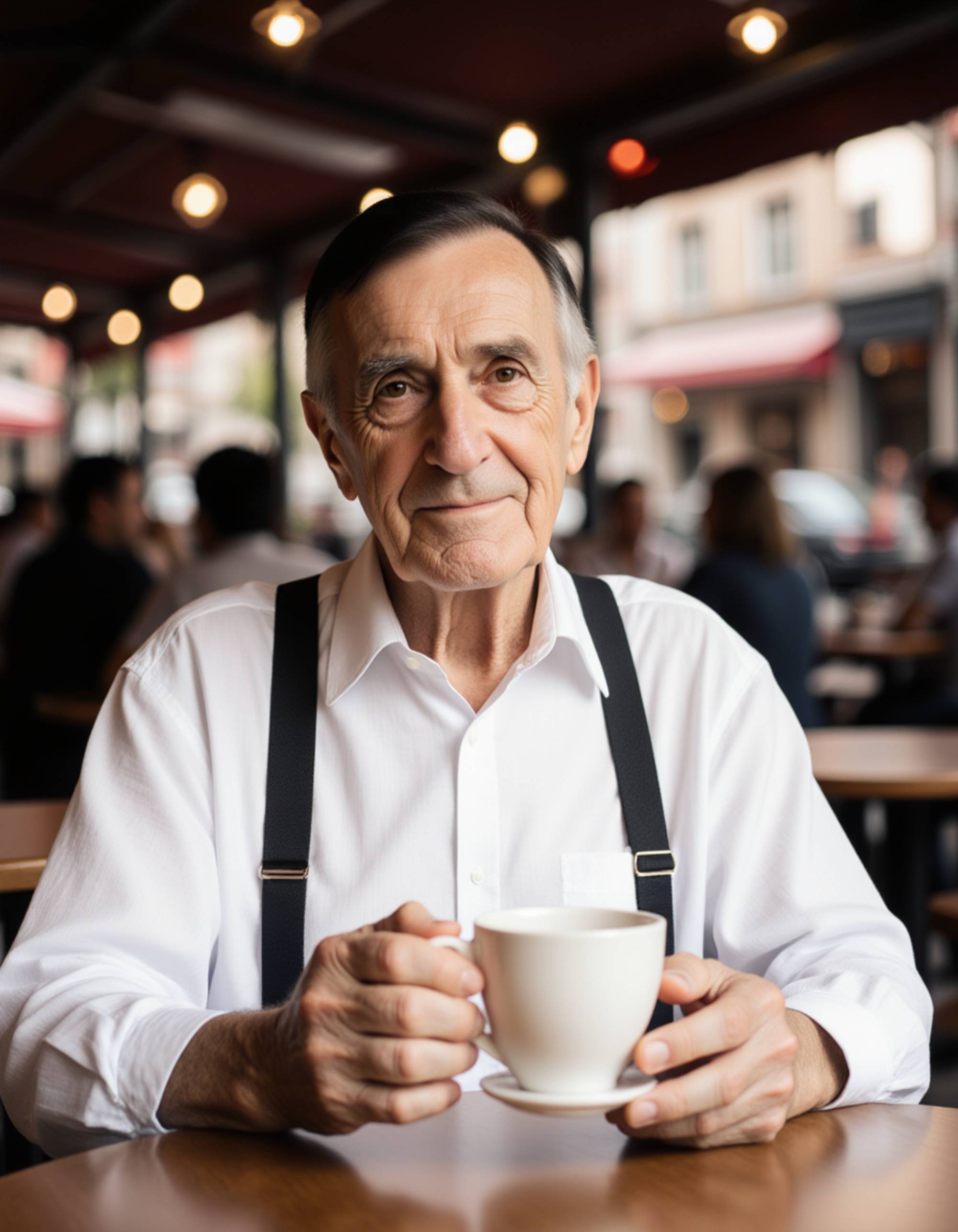 A relaxed male model wearing a white shirt and suspenders, sitting at a café with heart-shaped decorations, sipping coffee with a gentle, romantic gaze.