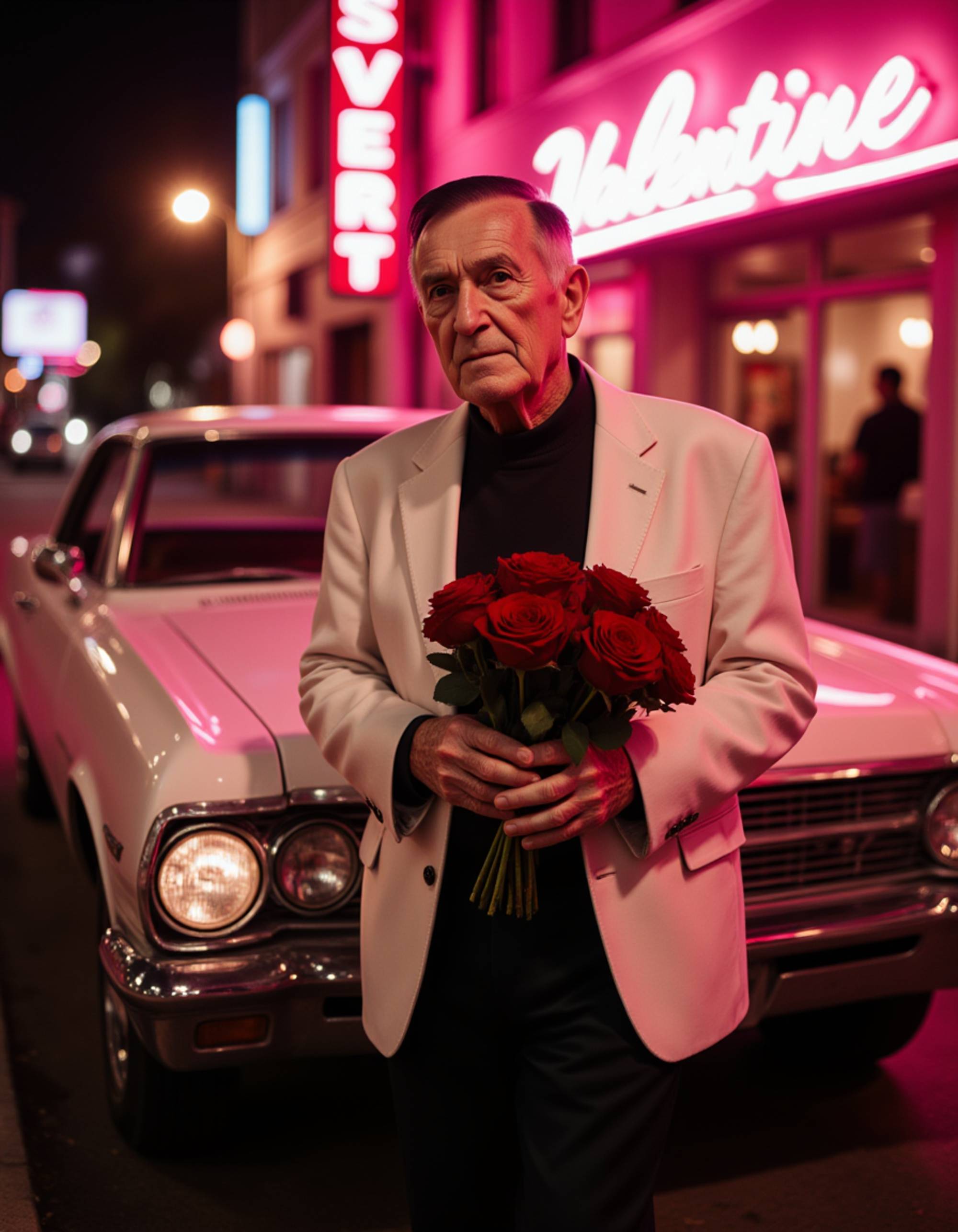 A charming man leaning against a classic car under pink neon lights, holding a bouquet of roses and exuding effortless Valentine’s charisma.
