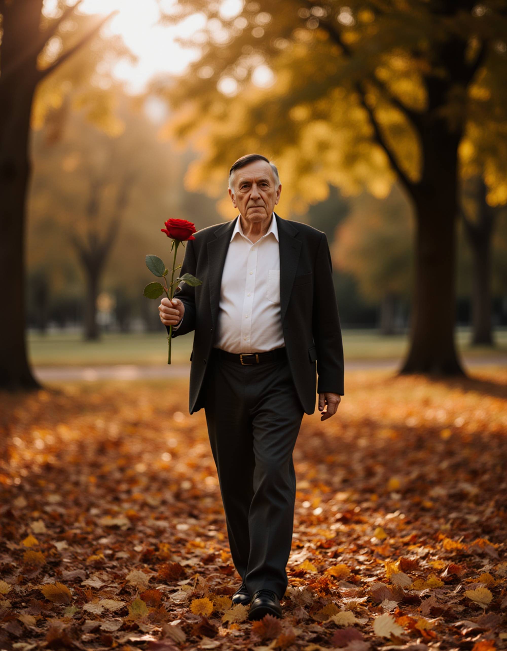 A thoughtful male model walking through a park at dusk, holding a single red rose as soft lights and falling petals frame a calm romantic atmosphere.