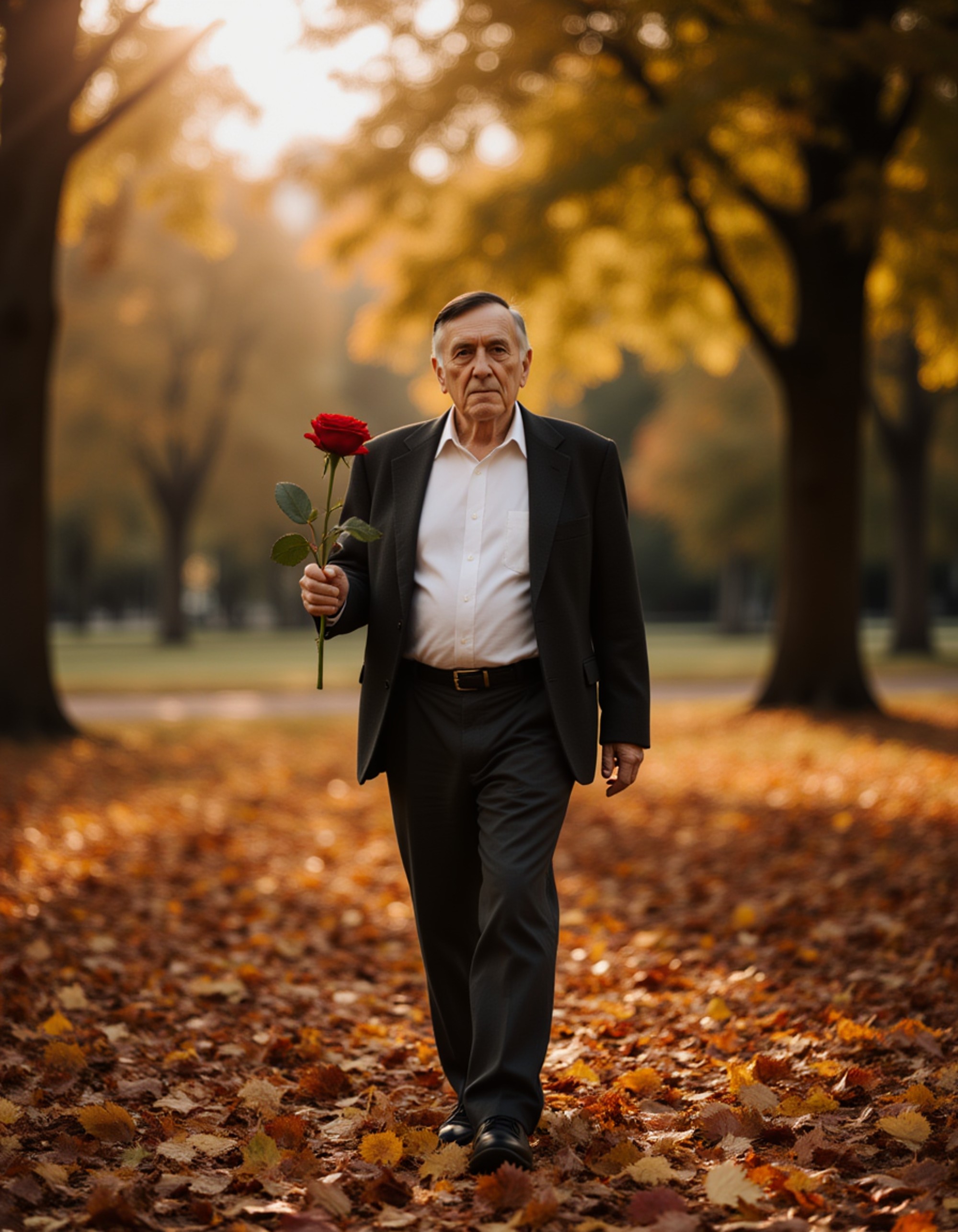 A thoughtful male model walking through a park at dusk, holding a single red rose as soft lights and falling petals frame a calm romantic atmosphere.