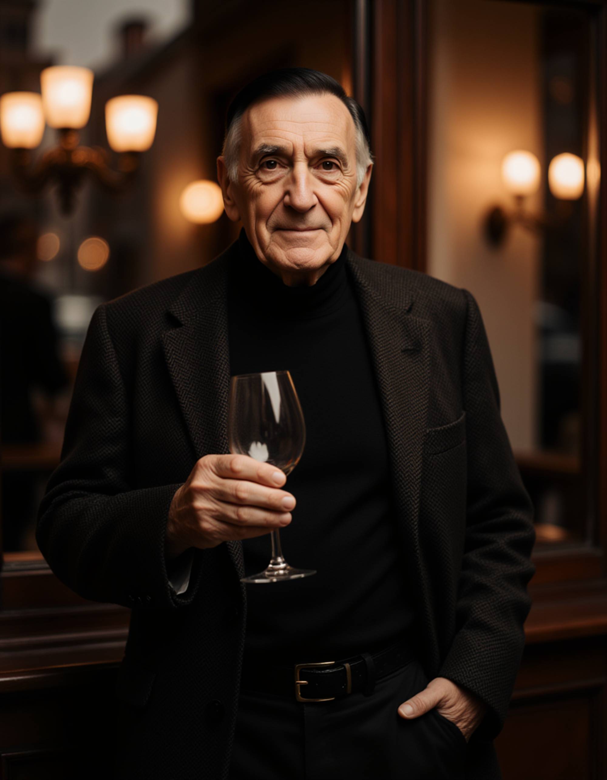 A stylish man dressed in a dark turtleneck and tailored coat, standing near a candlelit window with a glass of wine, giving a subtle, confident Valentine smile.