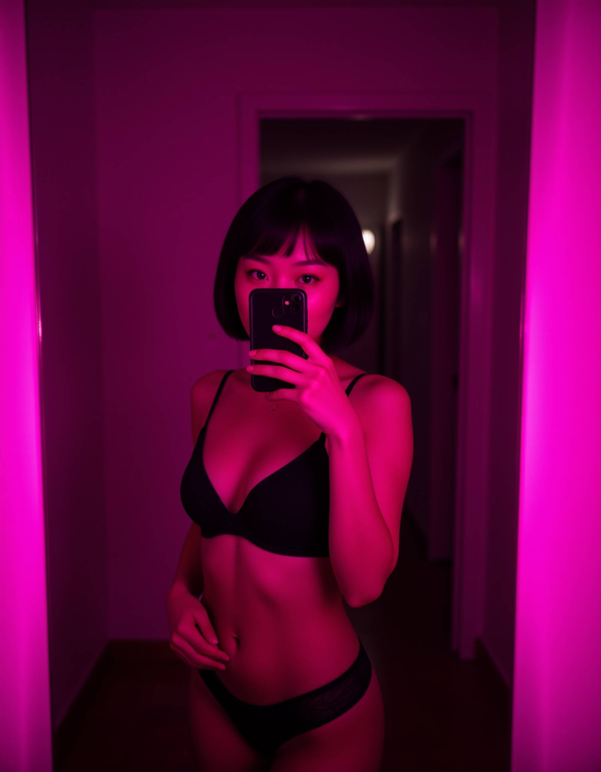 model taking a mirror selfie in a dimly lit bedroom, wearing a sheer crop top and low-rise panties. her phone partially covers her lips as she bites gently, giving a flirty expression. neon pink reflections bounce off the mirror, amplifying the seductive vibe.