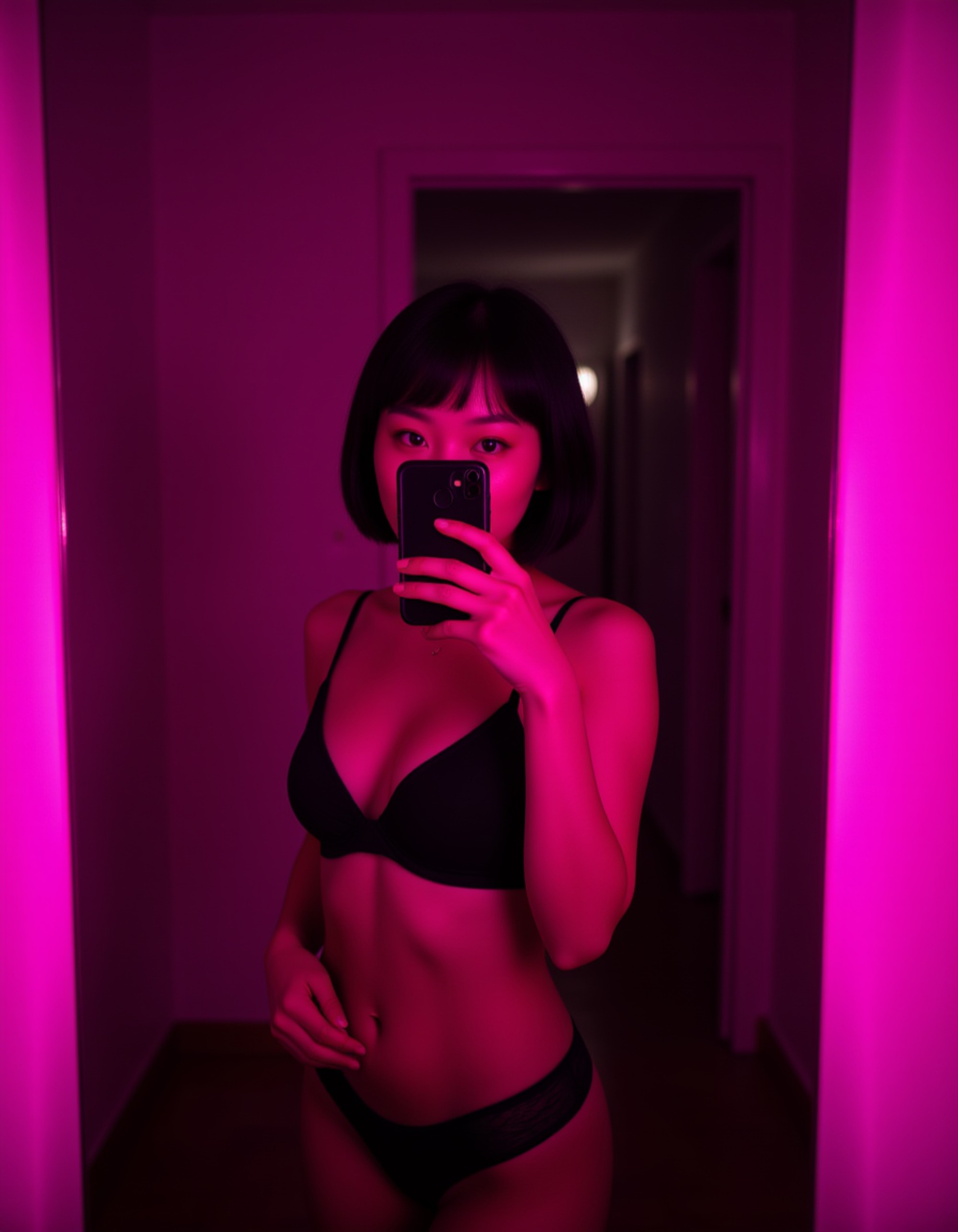 model taking a mirror selfie in a dimly lit bedroom, wearing a sheer crop top and low-rise panties. her phone partially covers her lips as she bites gently, giving a flirty expression. neon pink reflections bounce off the mirror, amplifying the seductive vibe.