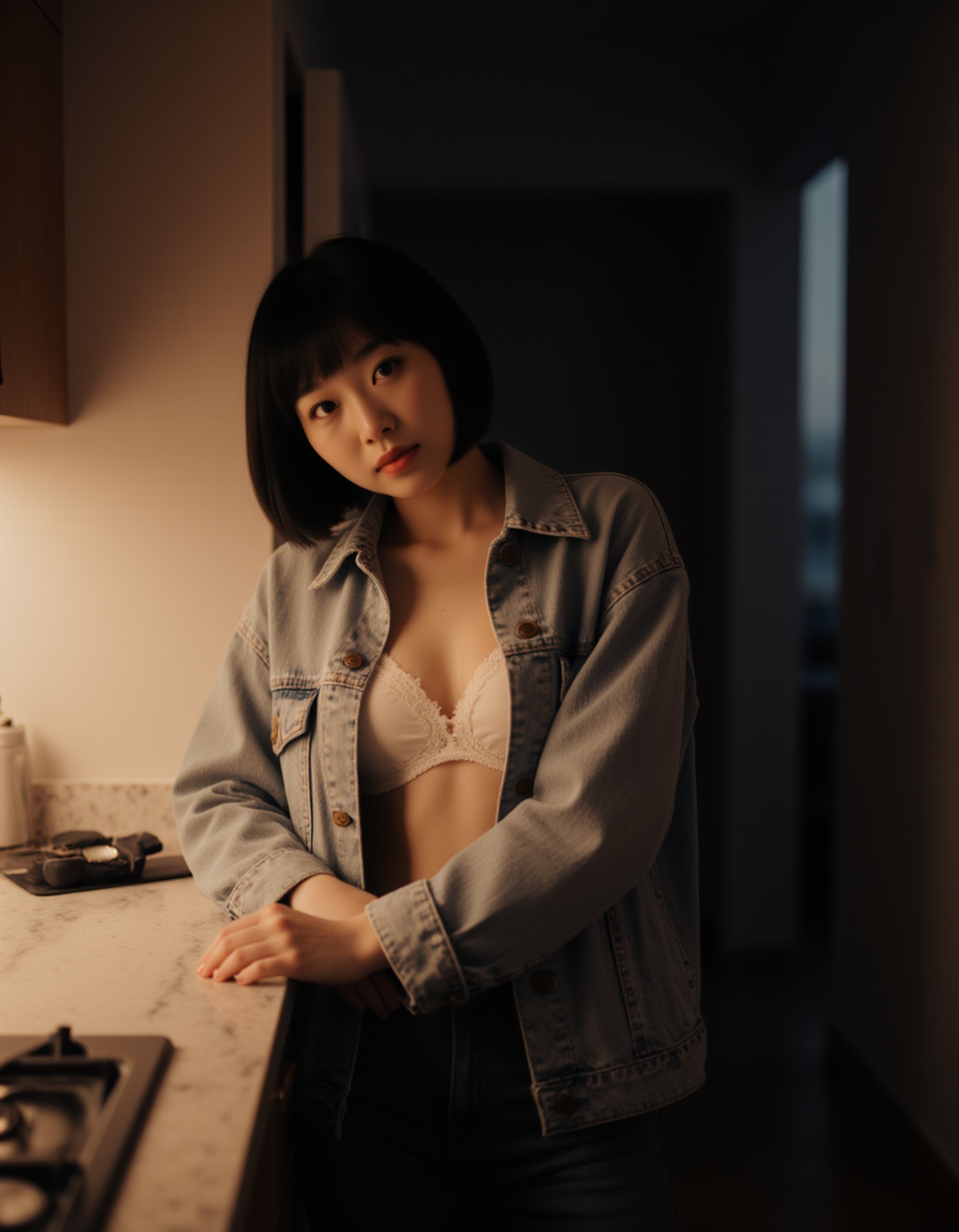 model leaning against a kitchen counter at night, wearing an oversized shirt half-buttoned, revealing lace underneath. the glow from the open fridge softly lights her skin, giving the photo a spontaneous, sensual OnlyFans after-hours feel.