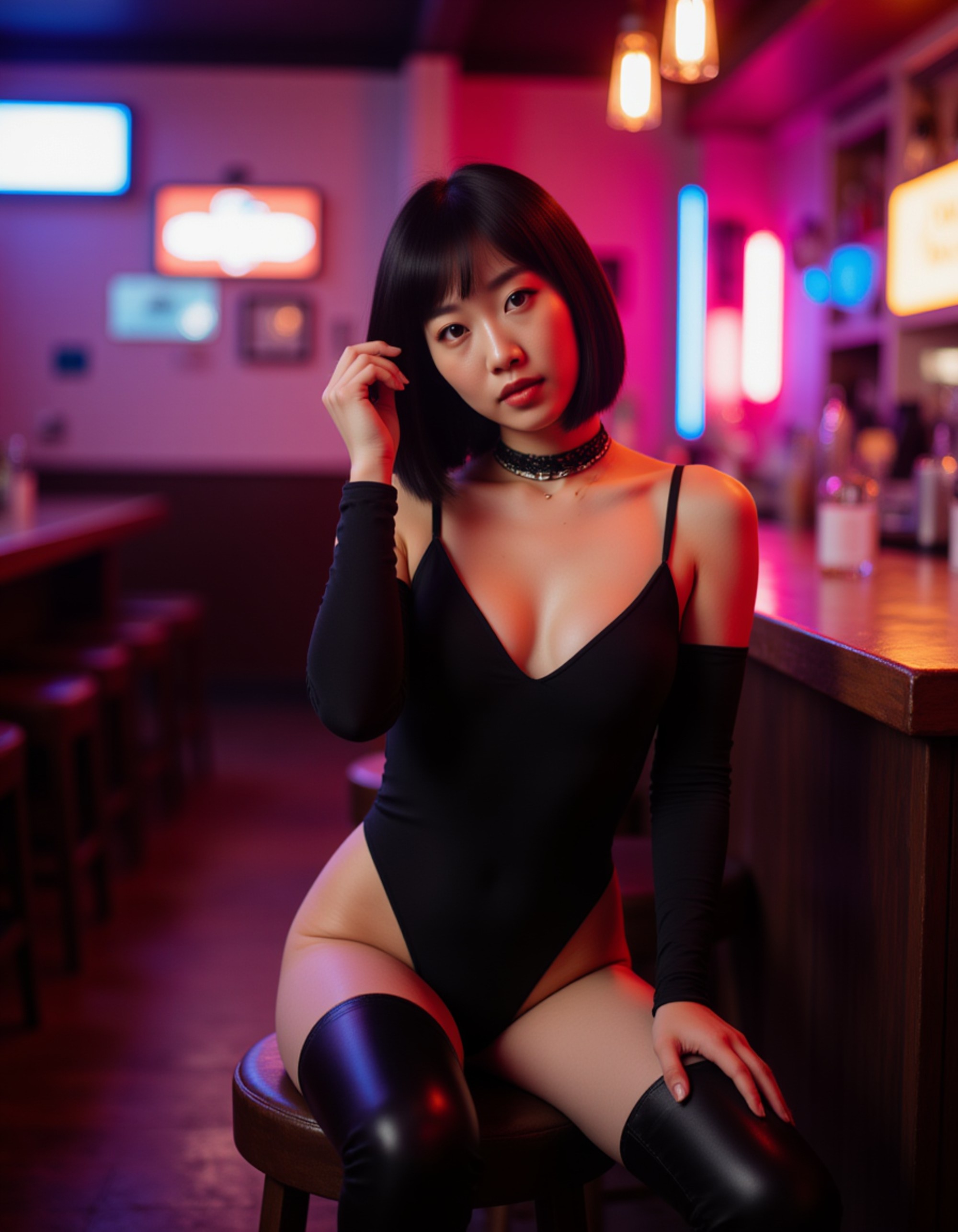 model sitting on a barstool, legs crossed, wearing latex bodysuit and chokers. she plays with her hair and looks directly into the camera with a confident smirk. colored studio lights create a glossy, provocative fashion-meets-OnlyFans aesthetic.
