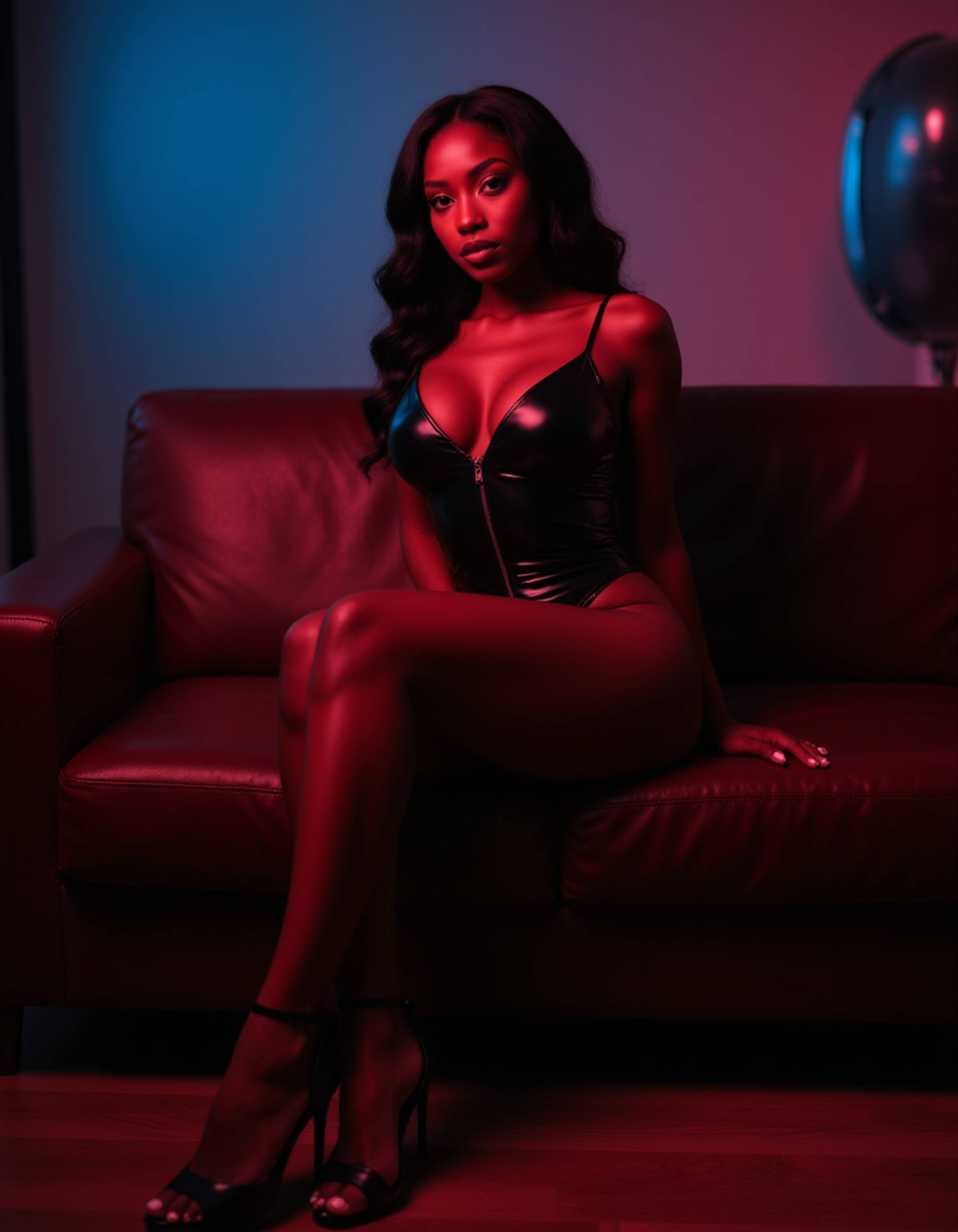model sitting on a leather couch, wearing a half-zipped latex catsuit and black heels. her body glistens under the soft red and blue lighting as she tilts her head back with a confident, sultry expression, exuding a bold OnlyFans studio vibe.