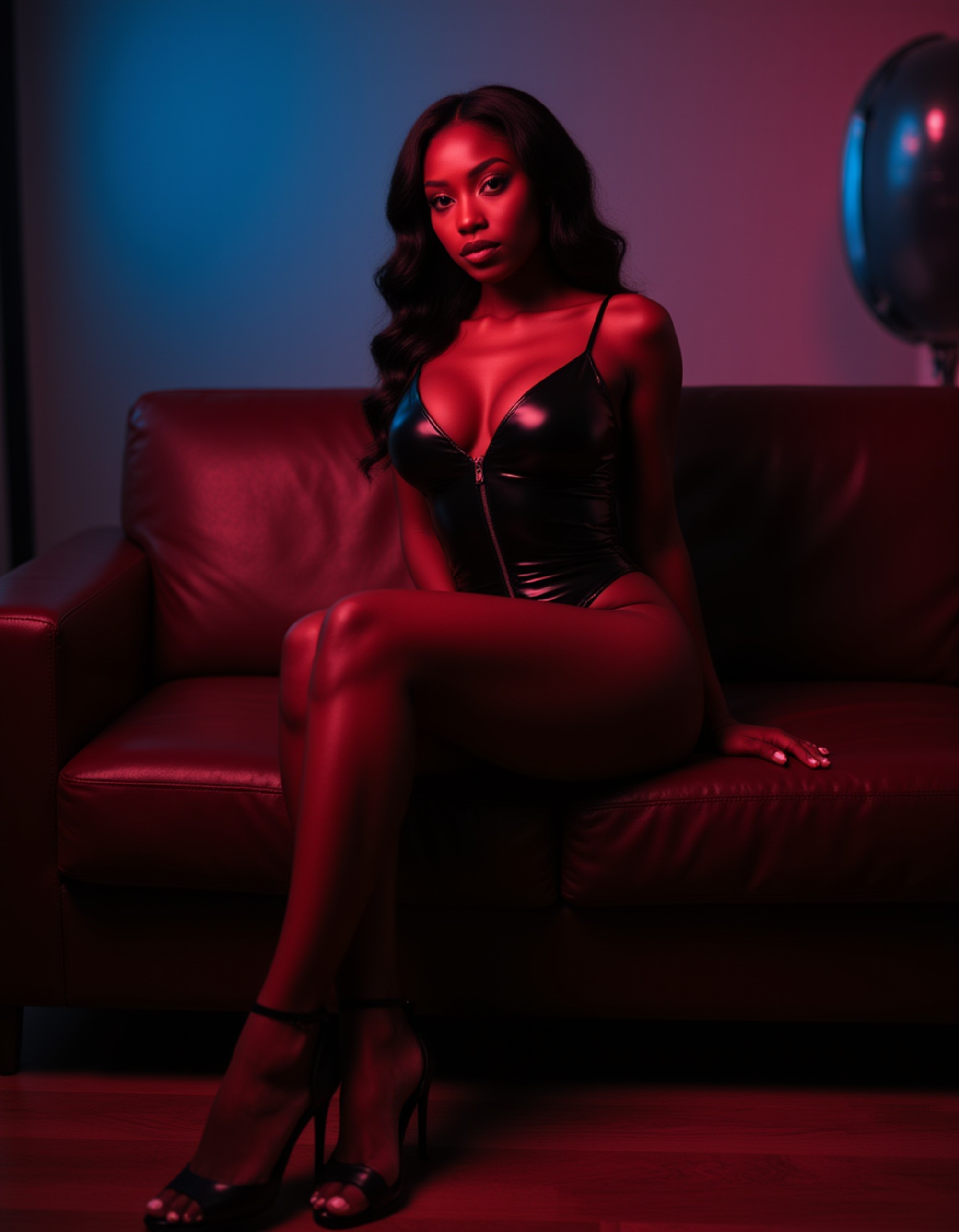 model sitting on a leather couch, wearing a half-zipped latex catsuit and black heels. her body glistens under the soft red and blue lighting as she tilts her head back with a confident, sultry expression, exuding a bold OnlyFans studio vibe.
