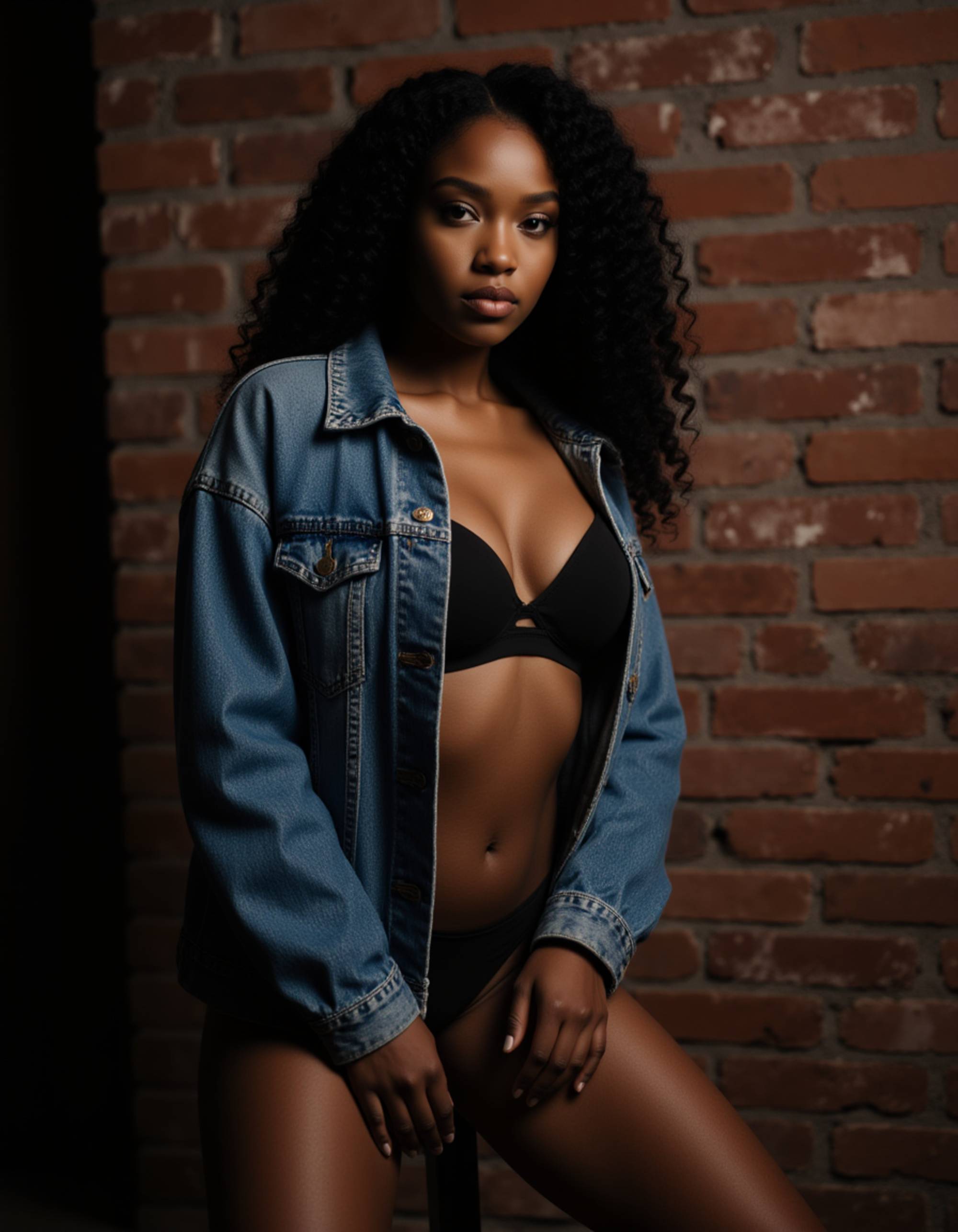 model posing against a brick wall, wearing an oversized denim jacket that slips off one shoulder revealing black lingerie underneath. her hand rests on her thigh, and the moody lighting creates dramatic contrast across her curves.