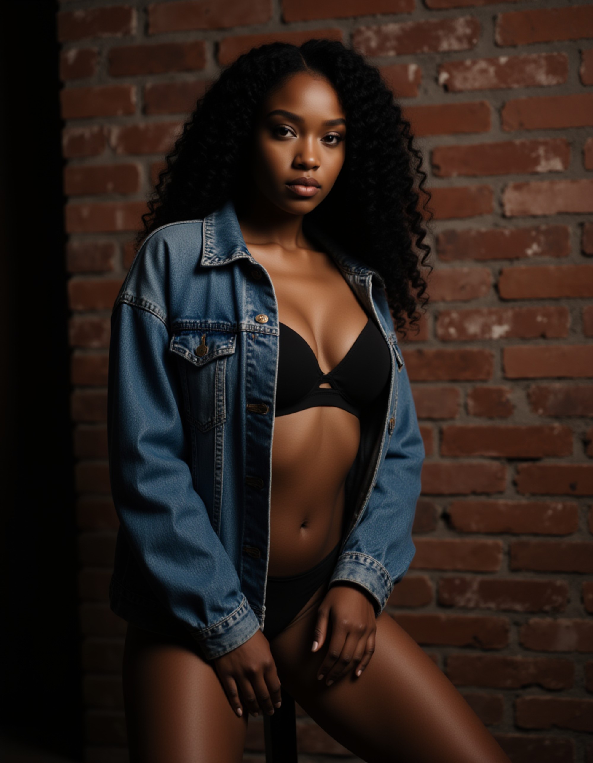 model posing against a brick wall, wearing an oversized denim jacket that slips off one shoulder revealing black lingerie underneath. her hand rests on her thigh, and the moody lighting creates dramatic contrast across her curves.