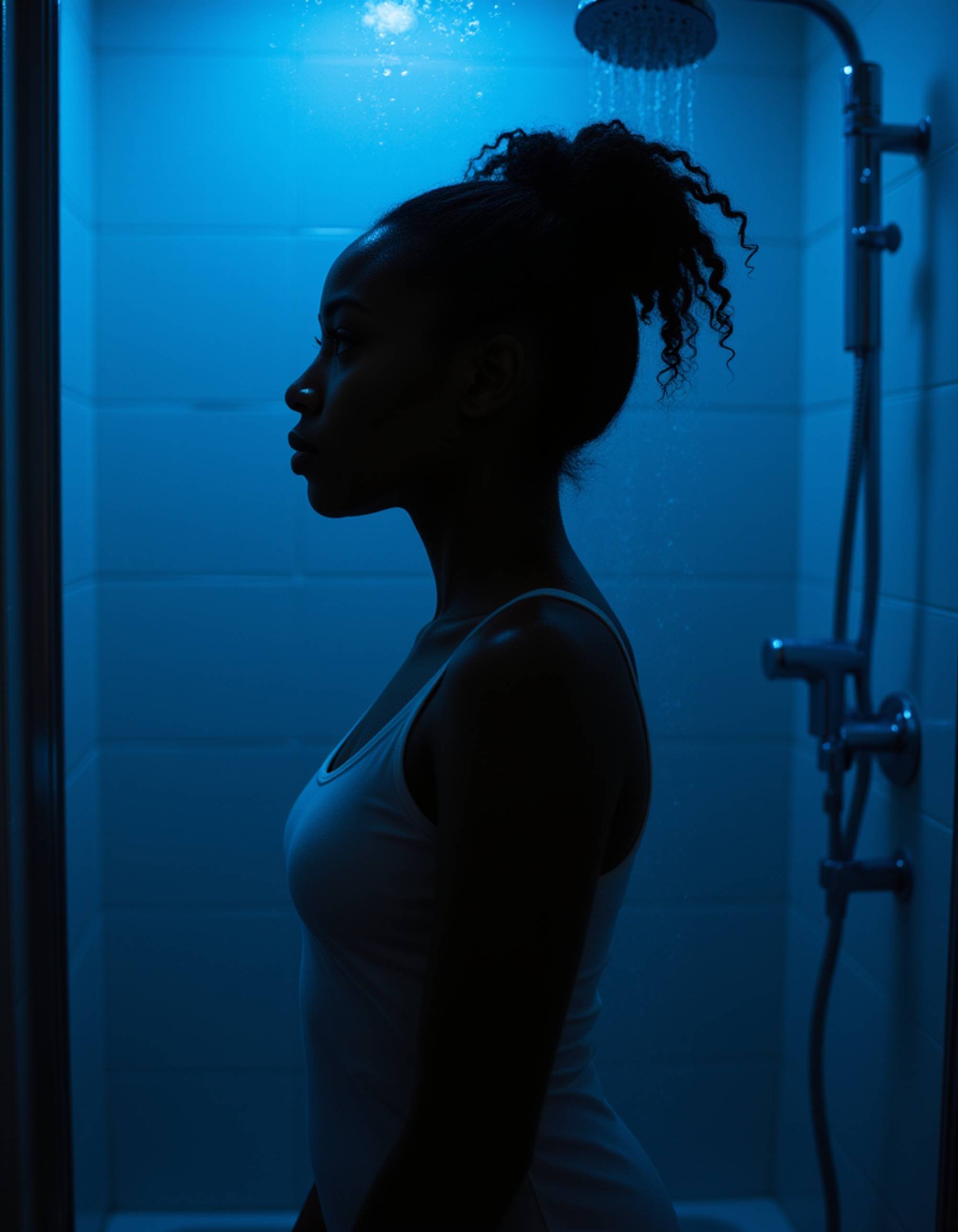model standing in a shower with droplets on the glass, wearing a thin white tank top clinging to her skin. neon blue lighting from the side gives a cinematic, steamy OnlyFans-style glow while her silhouette dominates the frame.