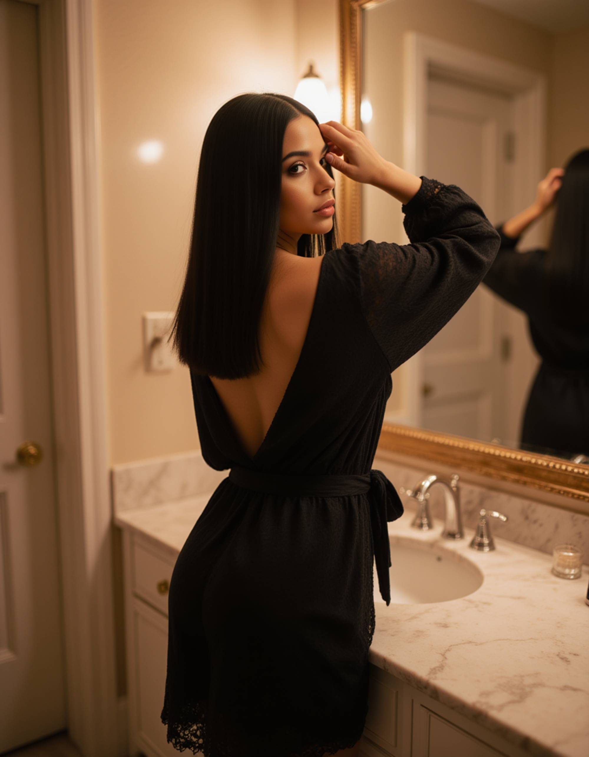model leaning against a marble bathroom counter, wearing nothing but a black lace robe loosely tied. her reflection in the mirror shows her adjusting her hair while soft steam and golden lights add a warm, sensual atmosphere.