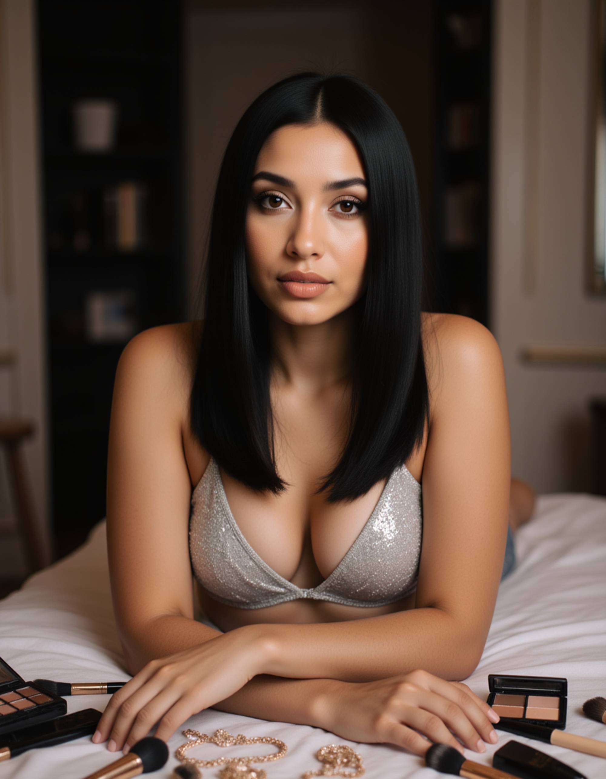 model lying across a table with scattered makeup brushes and jewelry, wearing a shimmering silver bikini top. her hair cascades over the edge as she lifts her chin toward the camera, giving an effortlessly seductive, editorial-style pose.