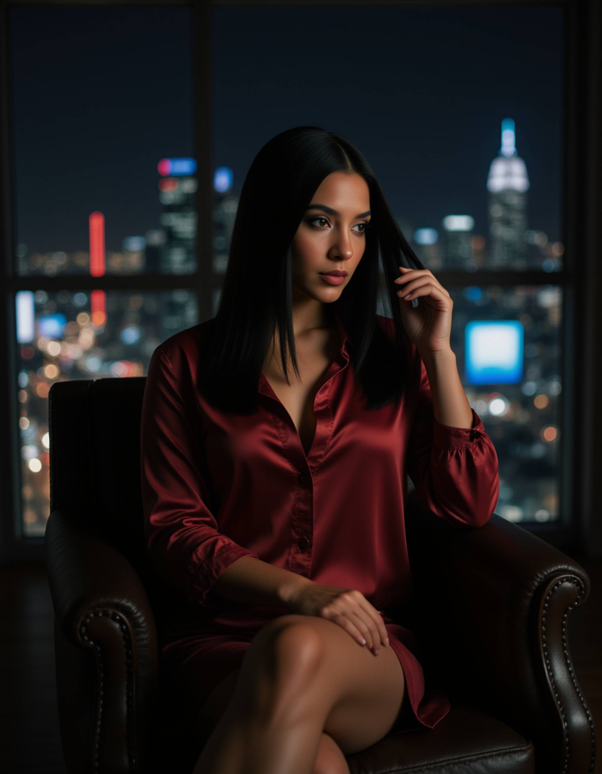 model sitting in front of a window at night, city lights behind her, wearing a silk shirt half unbuttoned and sheer stockings. one leg is raised onto the chair, and she’s gazing outside while playing with her hair, blending mystery and allure.