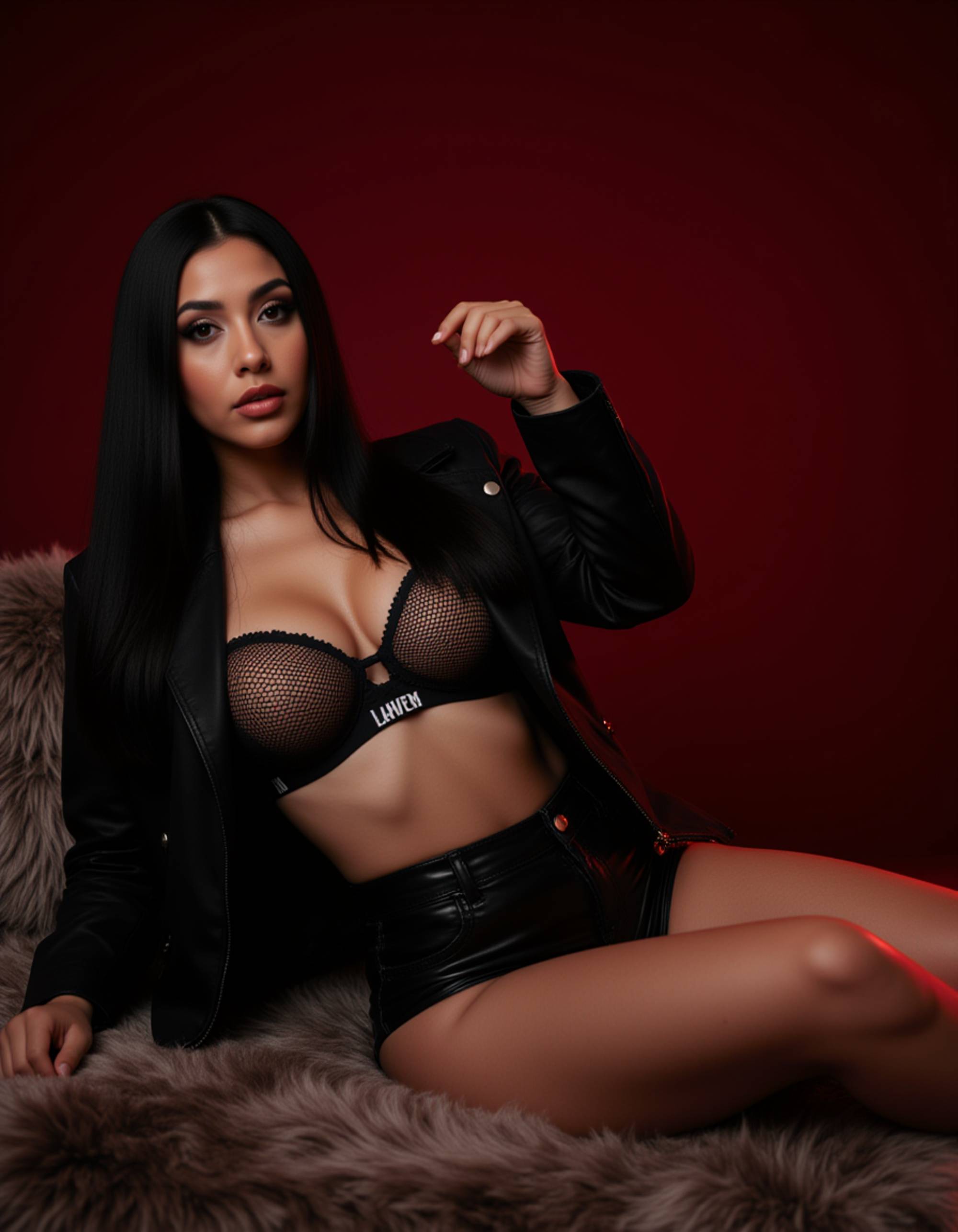 model reclining on a fur blanket, wearing black latex high-waisted shorts and an open jacket revealing a mesh bra. moody red spotlights highlight her curves and create glossy reflections that capture a provocative, luxury OnlyFans aesthetic.