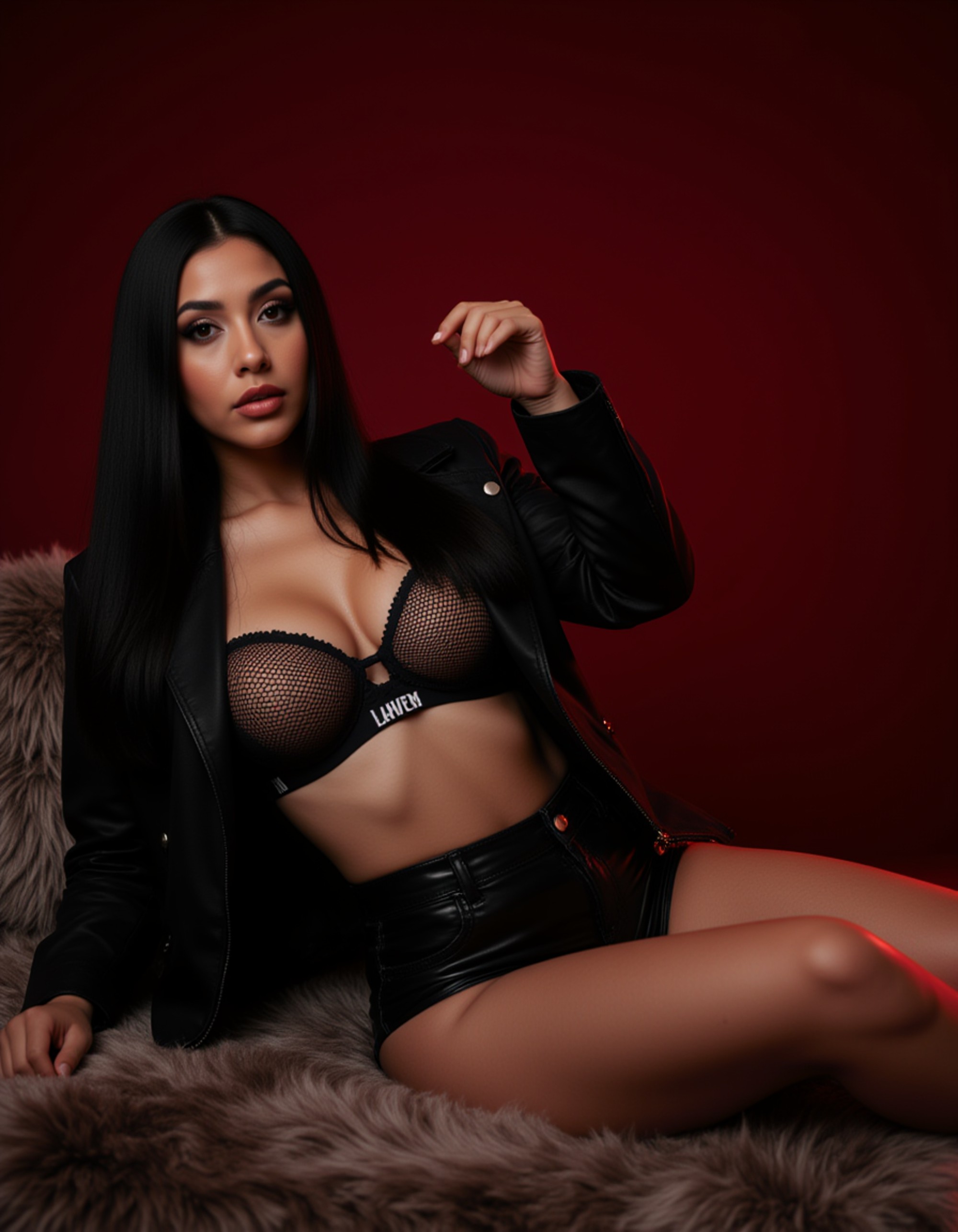 model reclining on a fur blanket, wearing black latex high-waisted shorts and an open jacket revealing a mesh bra. moody red spotlights highlight her curves and create glossy reflections that capture a provocative, luxury OnlyFans aesthetic.
