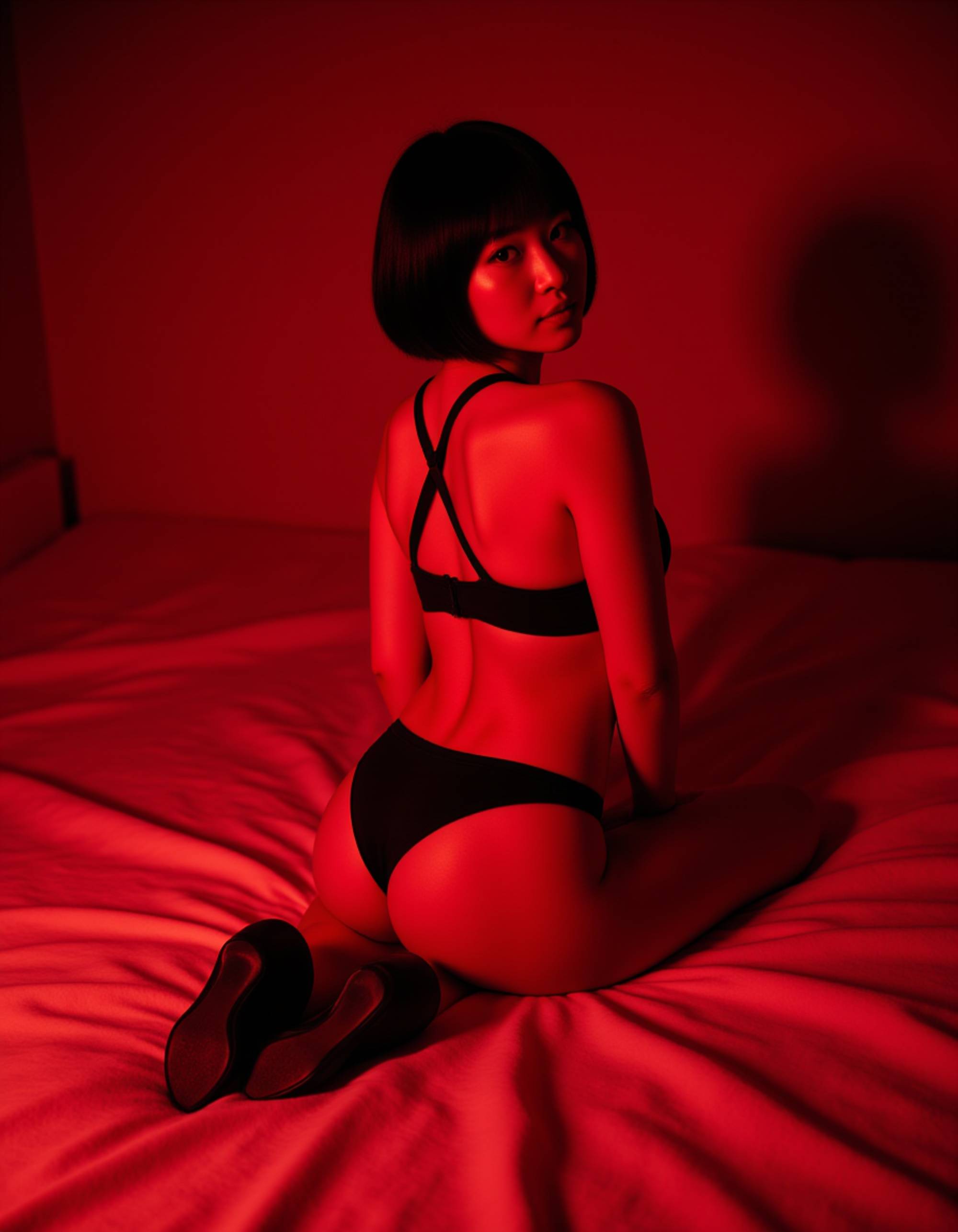 model on all fours on a bed with satin sheets, wearing a strappy black harness and stiletto heels. her body glows under deep red lighting as she turns her head back toward the camera with a mischievous, sultry grin.