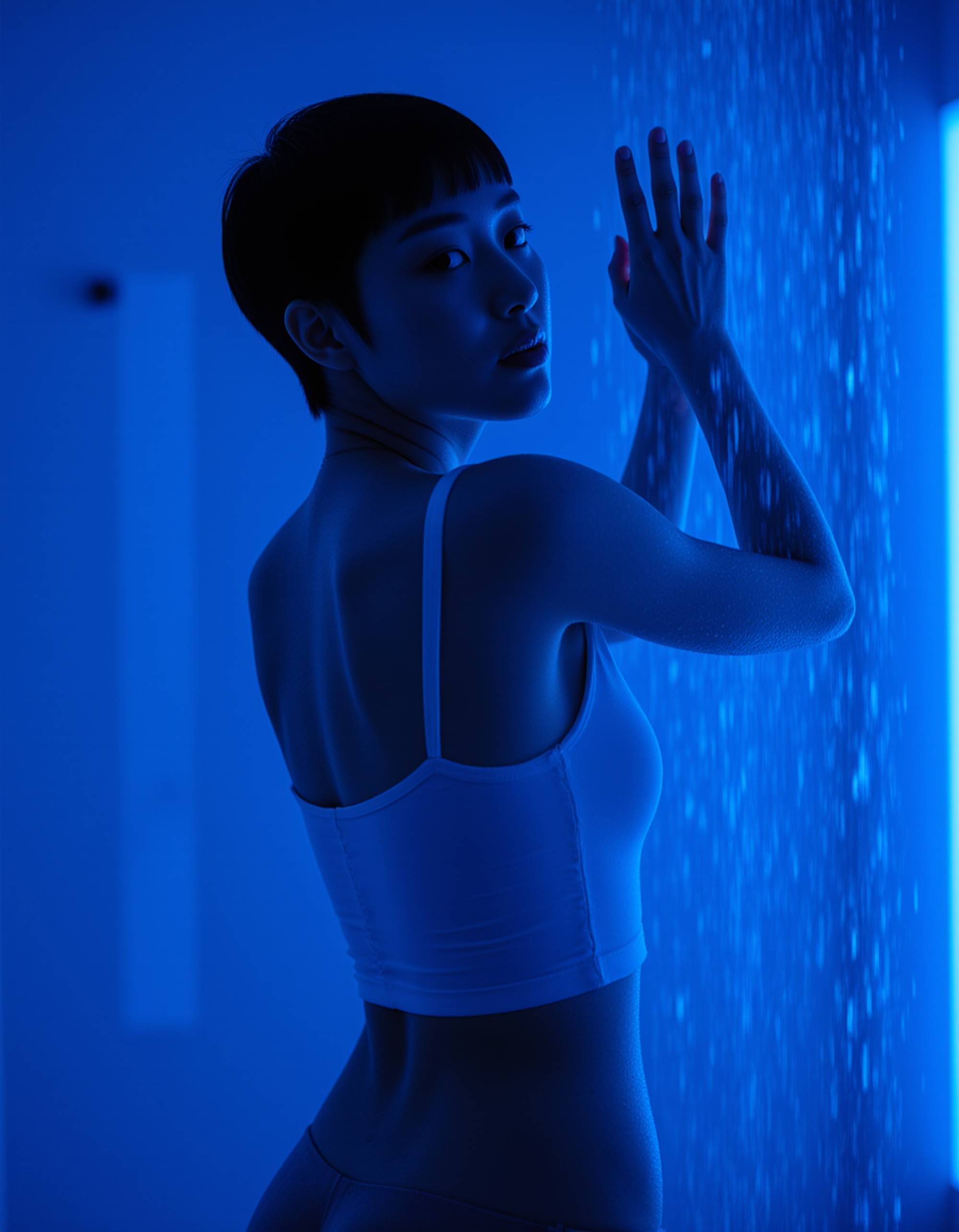 model standing under a shower with droplets glistening on her skin, wearing a sheer white crop top clinging to her curves. she leans one hand against the glass while the neon blue light outlines her silhouette in a sensual glow.