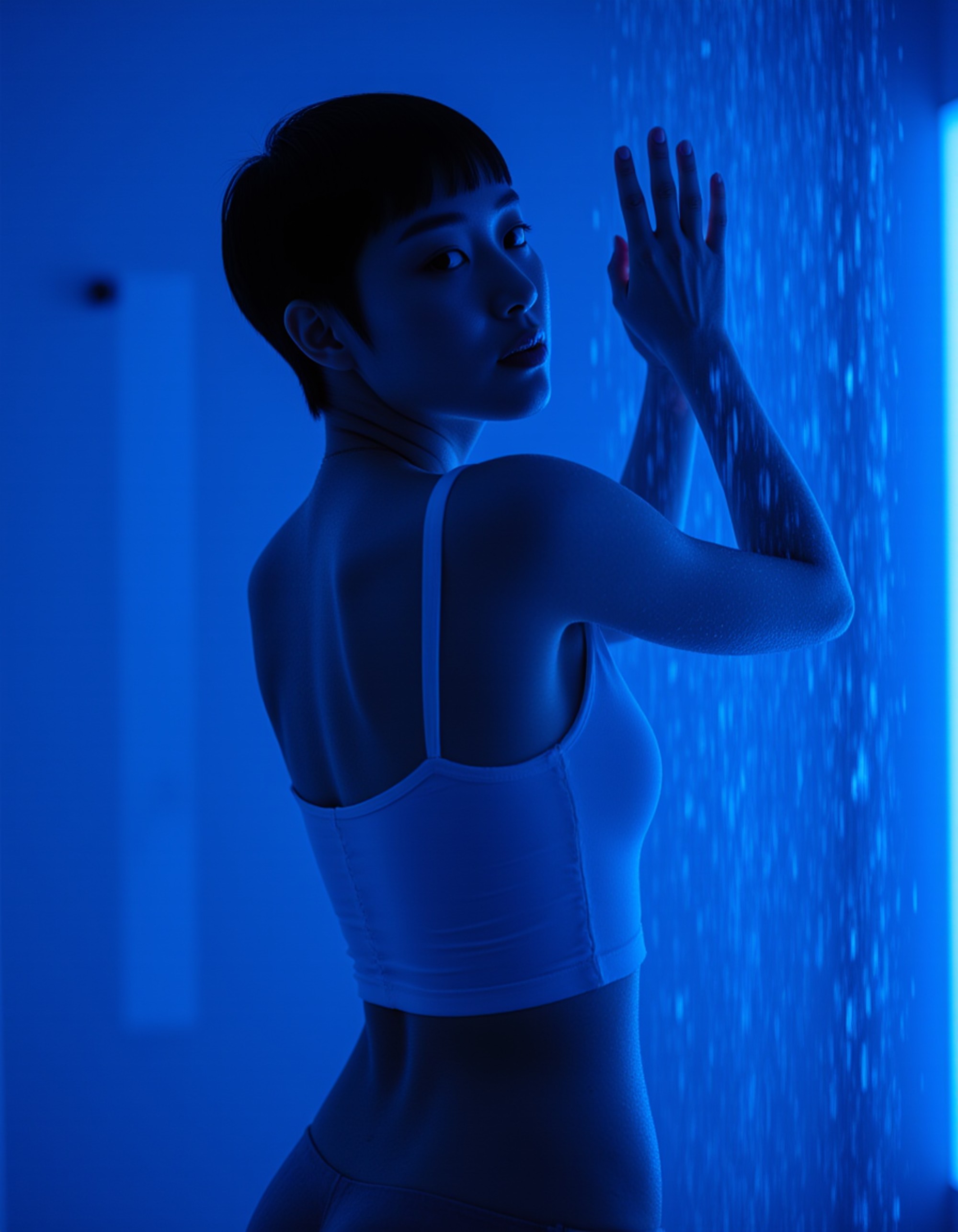 model standing under a shower with droplets glistening on her skin, wearing a sheer white crop top clinging to her curves. she leans one hand against the glass while the neon blue light outlines her silhouette in a sensual glow.