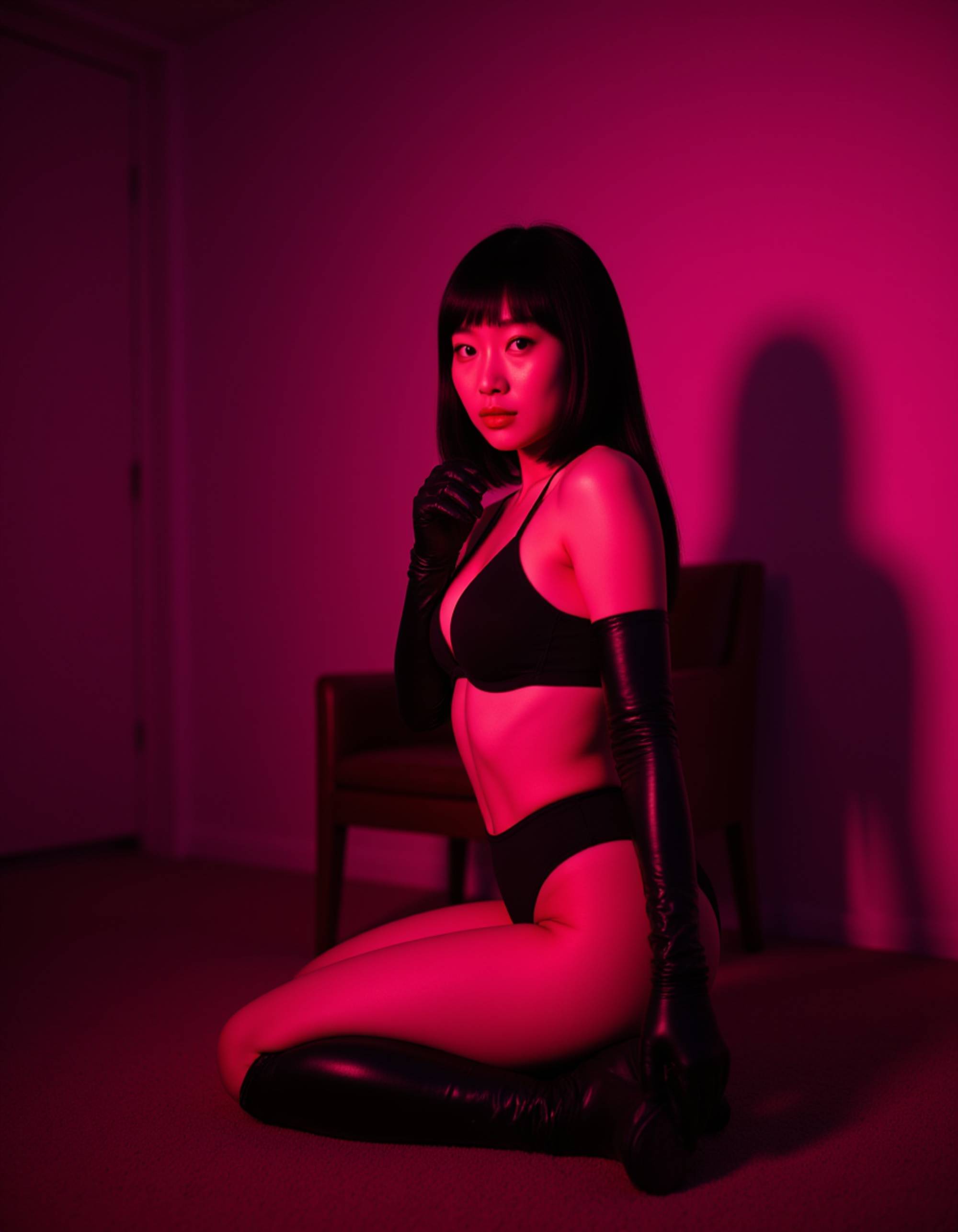 model kneeling on a chair, arching her back slightly while wearing a micro black bikini and leather gloves. the dim pink light reflects off her skin, creating an intense, seductive contrast that captures OnlyFans-style heat.