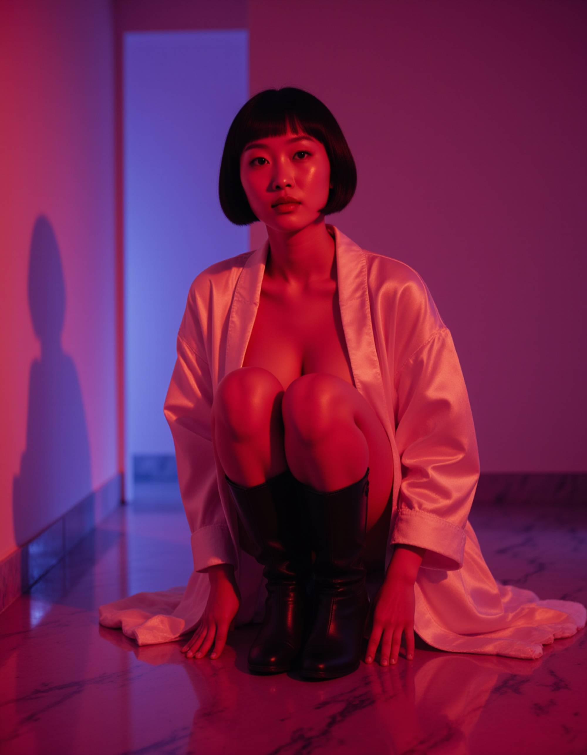 model leaning forward on a mirror floor, wearing thigh-high boots and a barely-there silk robe falling off her shoulders. she looks up through her lashes with parted lips, bathed in red and violet hues for a provocative, cinematic effect.