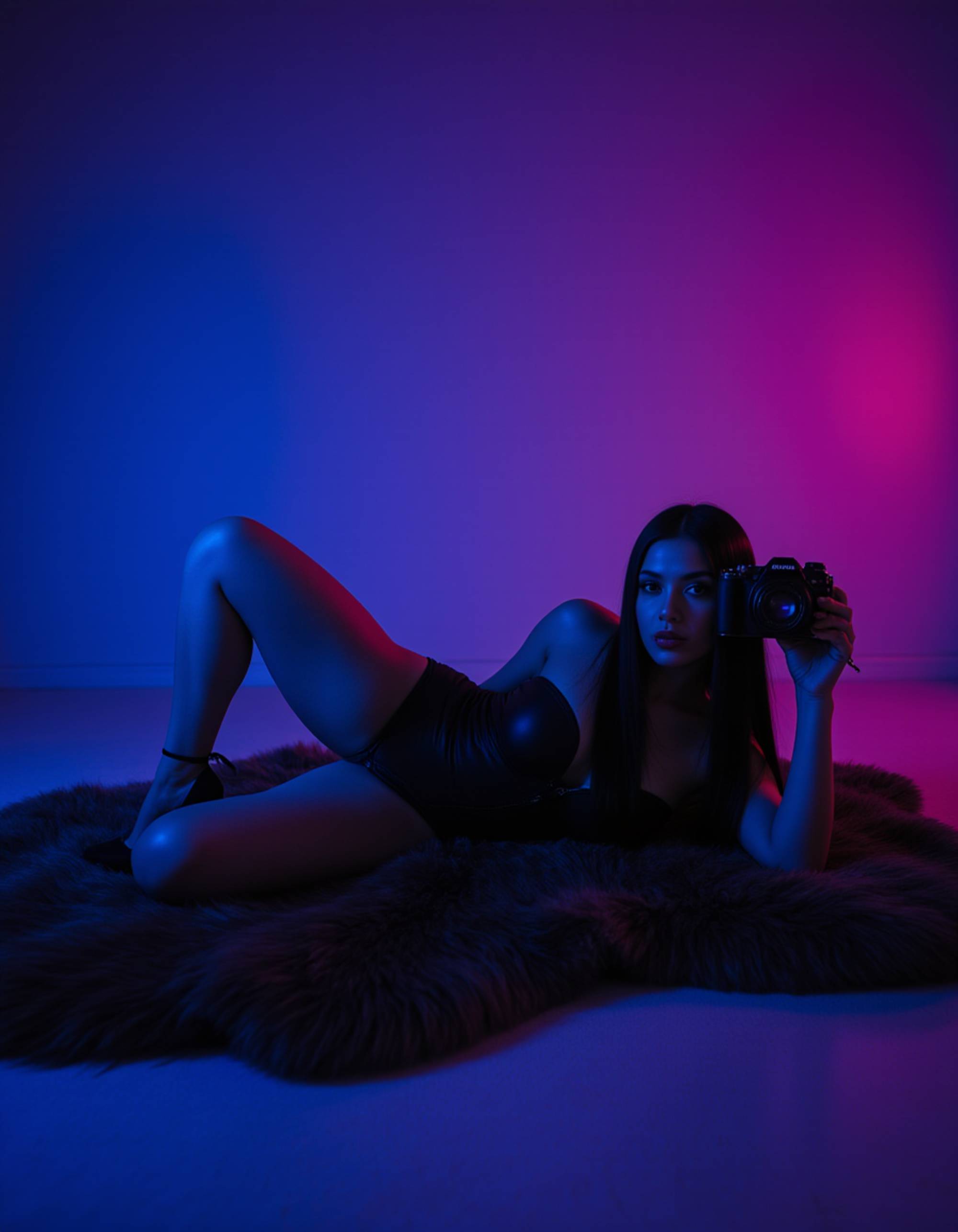 model lying sideways on a fur rug, wearing an unzipped leather bodysuit and high heels. she’s holding a camera in one hand, capturing herself mid-pose while blue and magenta lights create an irresistible, nightclub-inspired mood.