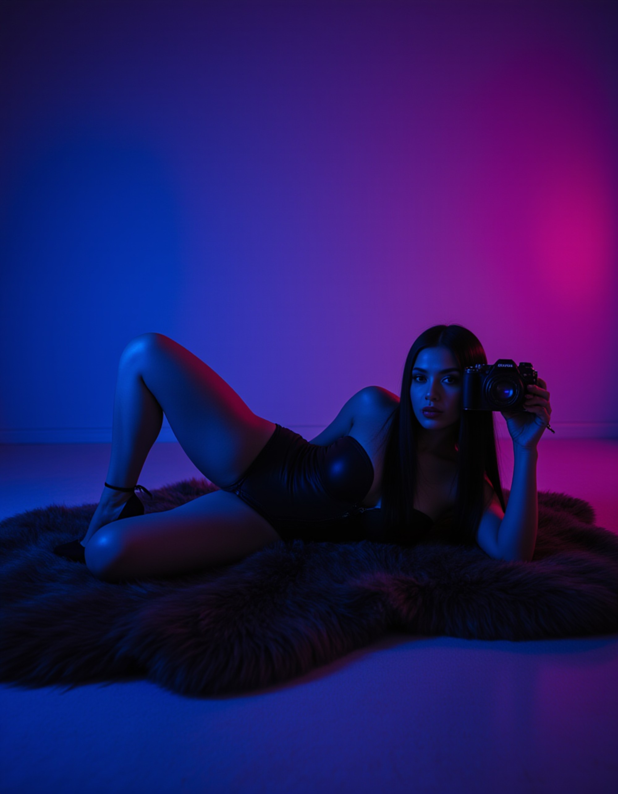model lying sideways on a fur rug, wearing an unzipped leather bodysuit and high heels. sheโs holding a camera in one hand, capturing herself mid-pose while blue and magenta lights create an irresistible, nightclub-inspired mood.
