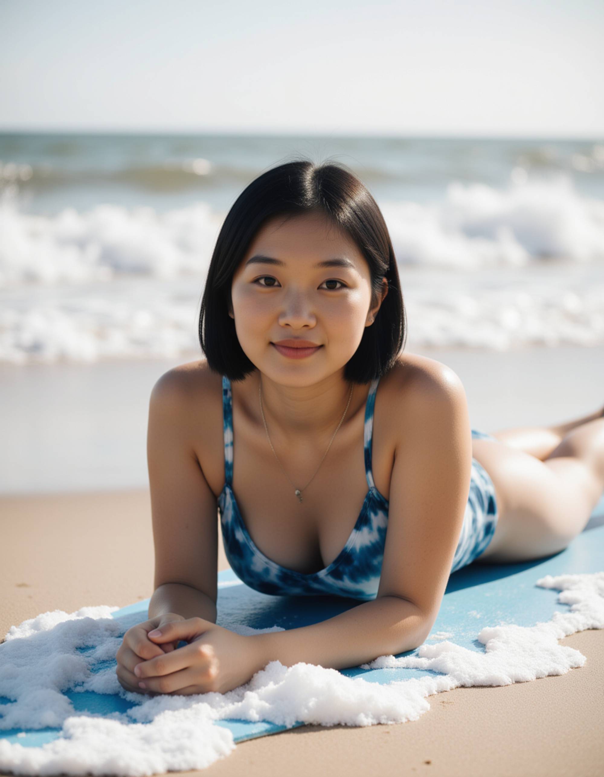 model in a blue tie-dye bikini lying on a surfboard at the shoreline, playful expression, sea foam around her, natural sunlight emphasizing her tan and beachy hair.