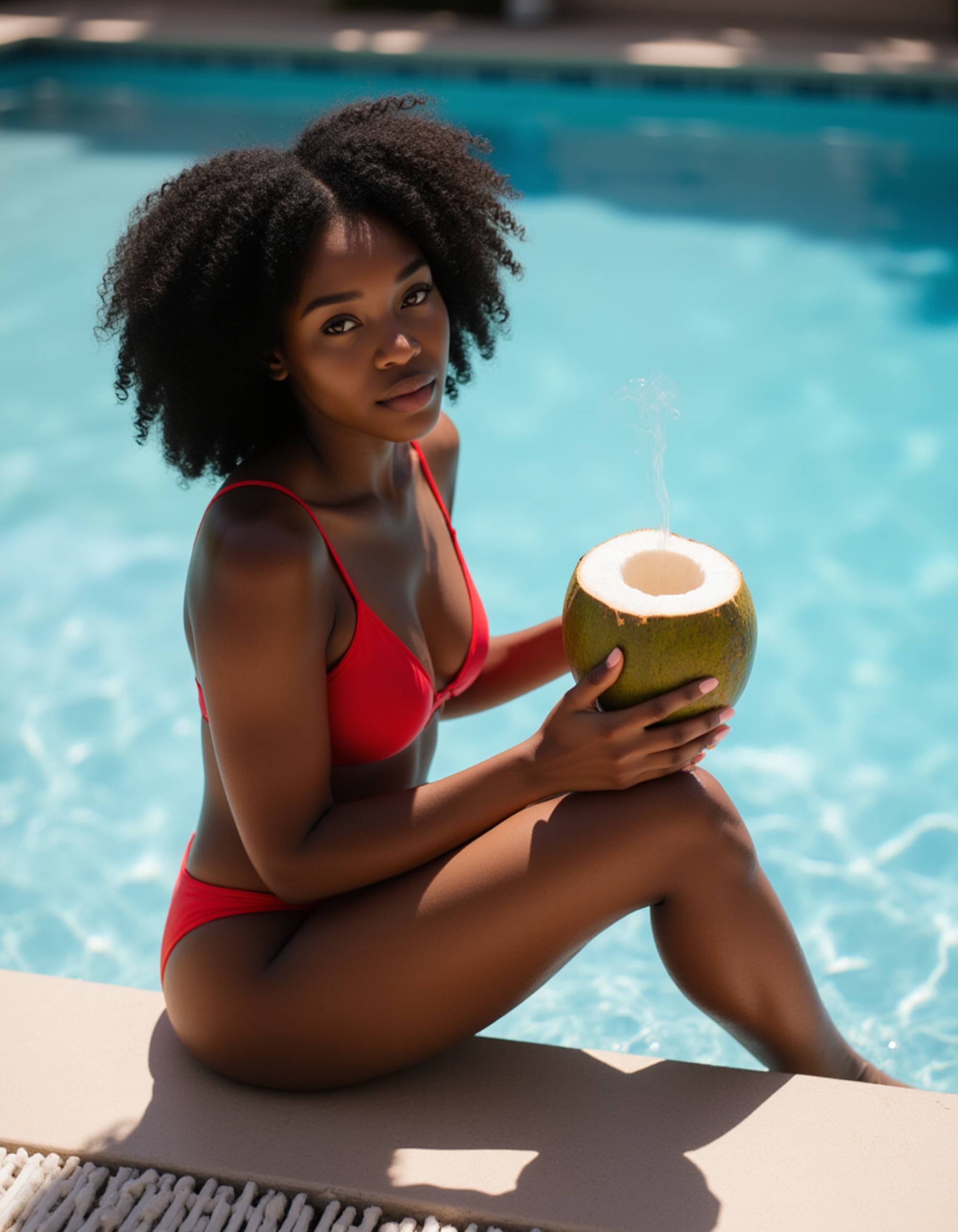 model in a red micro bikini, sitting on the edge of a swimming pool with her legs in the water, sipping from a coconut, bright reflections dancing across her skin, relaxed and flirty summer vibe.